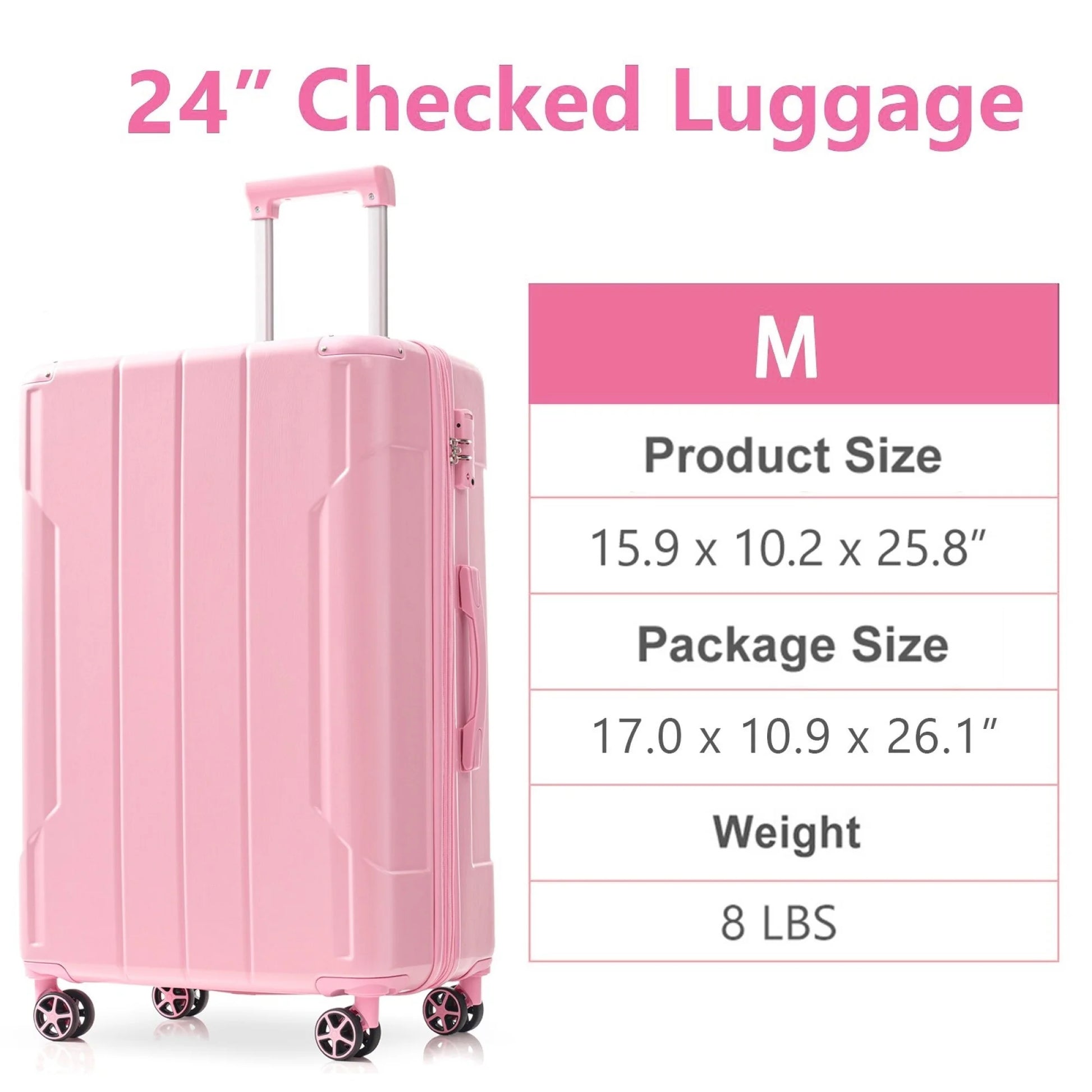 24 Inch Checked Luggage, ABS+PC Lightweight Hardshell Suitcase with TSA Lock & Spinner Silent Wheels, Medium Size with 65L Capacity, Convenient for Trips, White