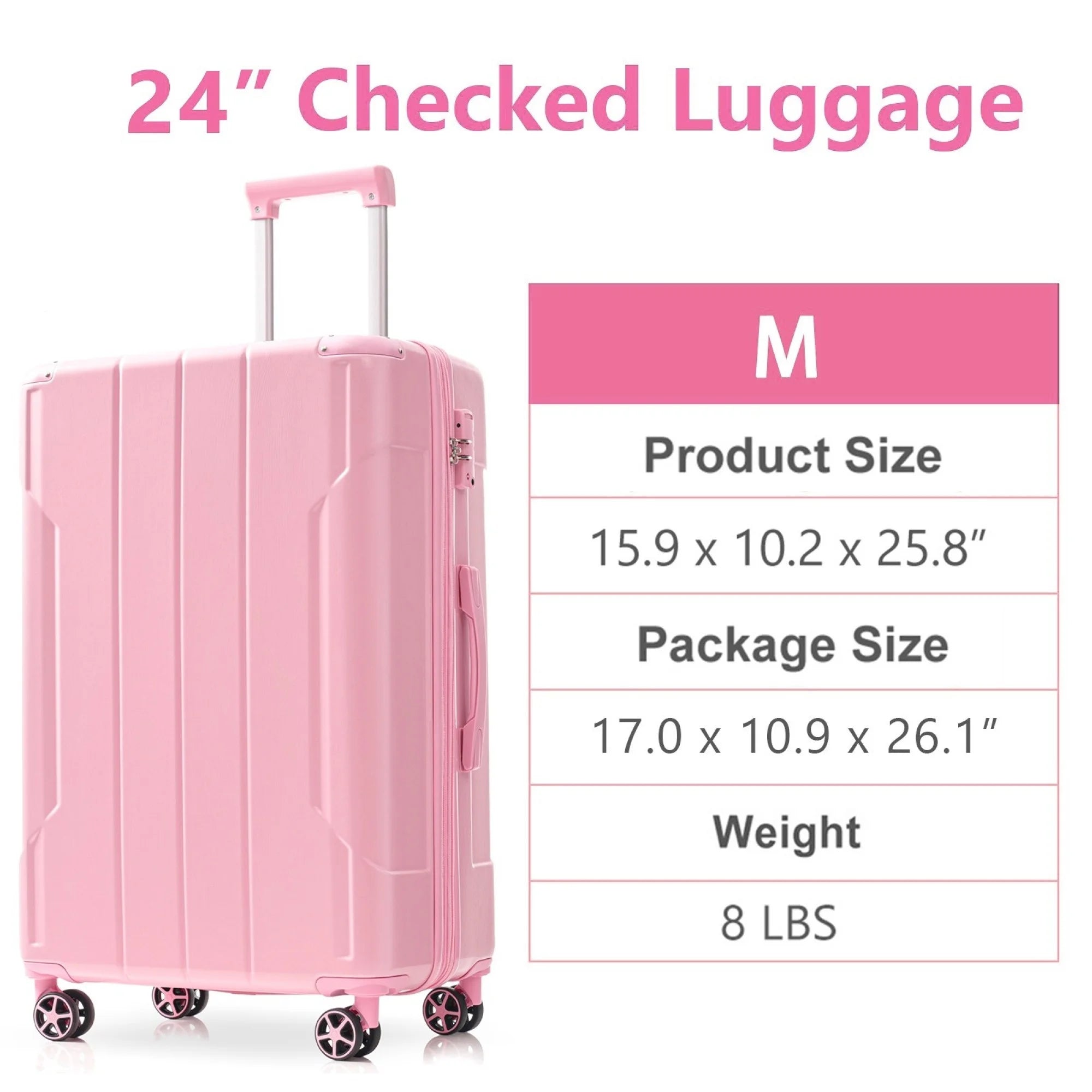 24 Inch Checked Luggage, ABS+PC Lightweight Hardshell Suitcase with TSA Lock & Spinner Silent Wheels, Medium Size with 65L Capacity, Convenient for Trips, White