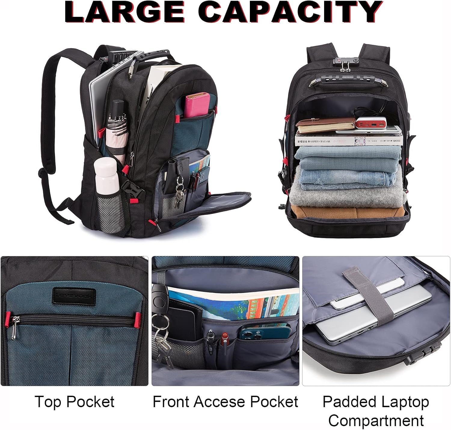 Travel Backpack for Men 17Inch Large Work Backpack for Men Large Capacity Lockable Mochilas Para Hombres Waterproof Computer Backpack for Work Business Travel College (17 Inch，Dark-Blue)