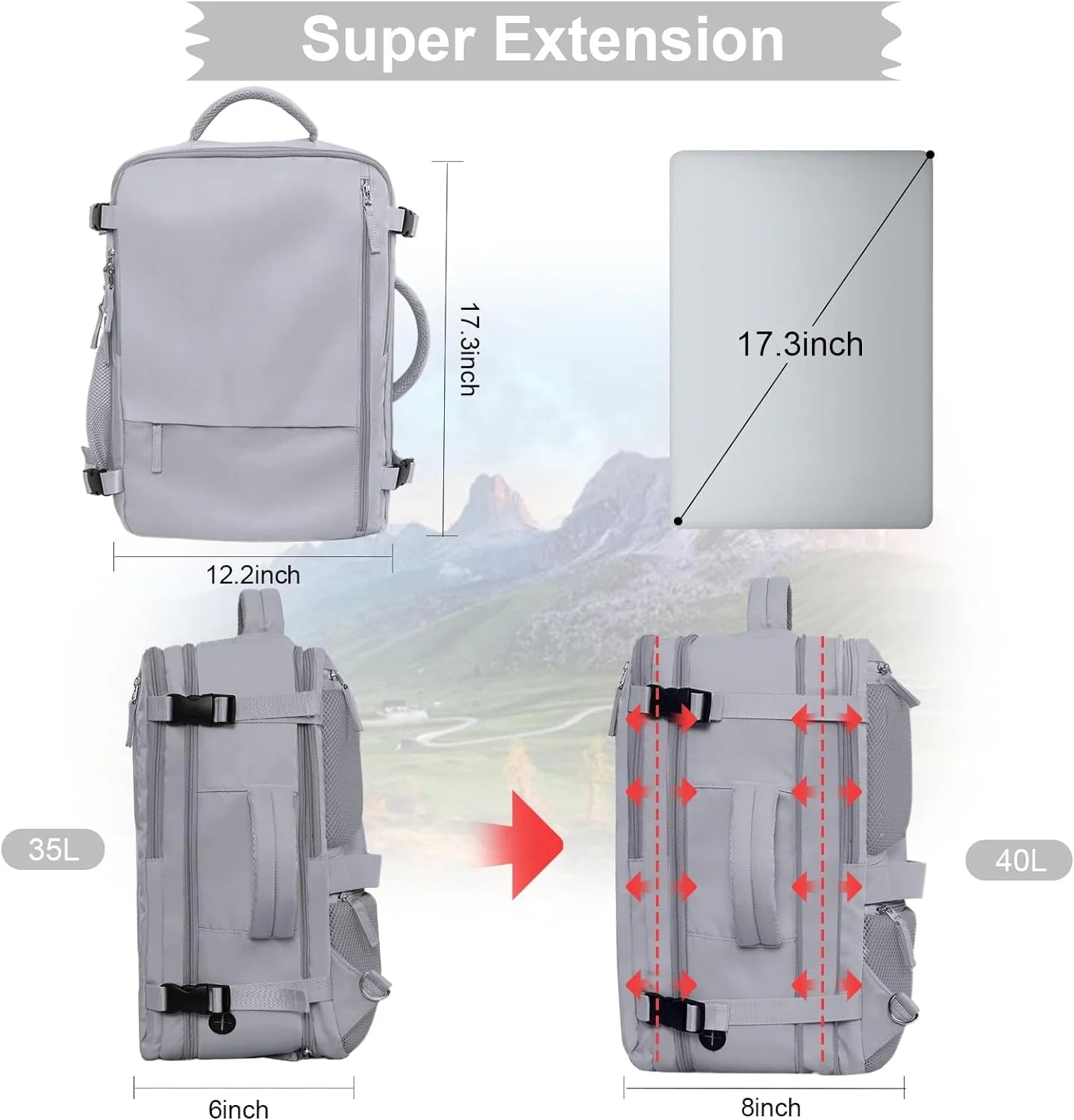 Extra Large Travel Backpack,Carry on Backpack,17 Inch Laptop Backpack,Hiking Backpack,School Bag,Gray
