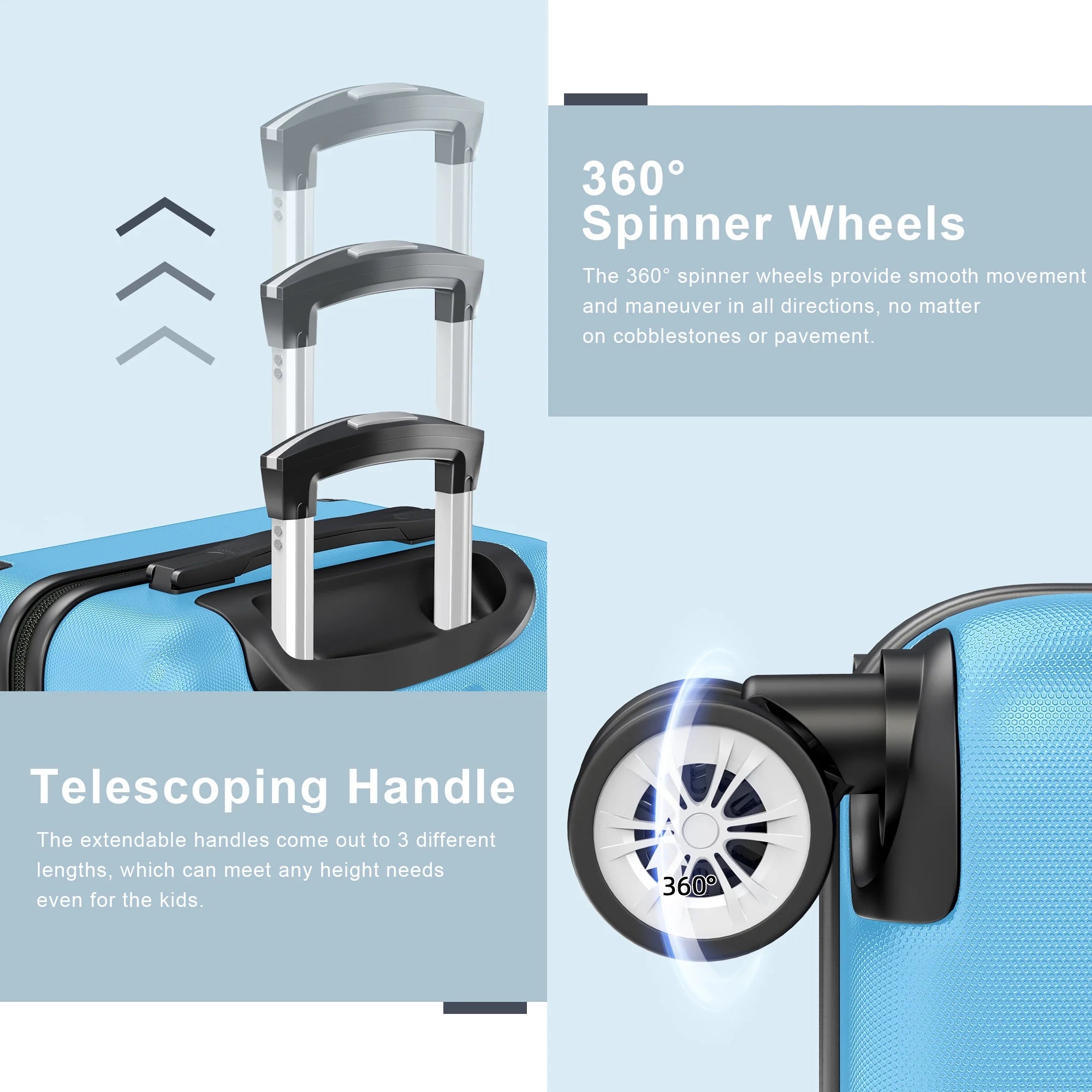 3 Piece Luggage Sets Hardshell Lightweight Suitcase with TSA Lock Spinner Wheels, Light Blue