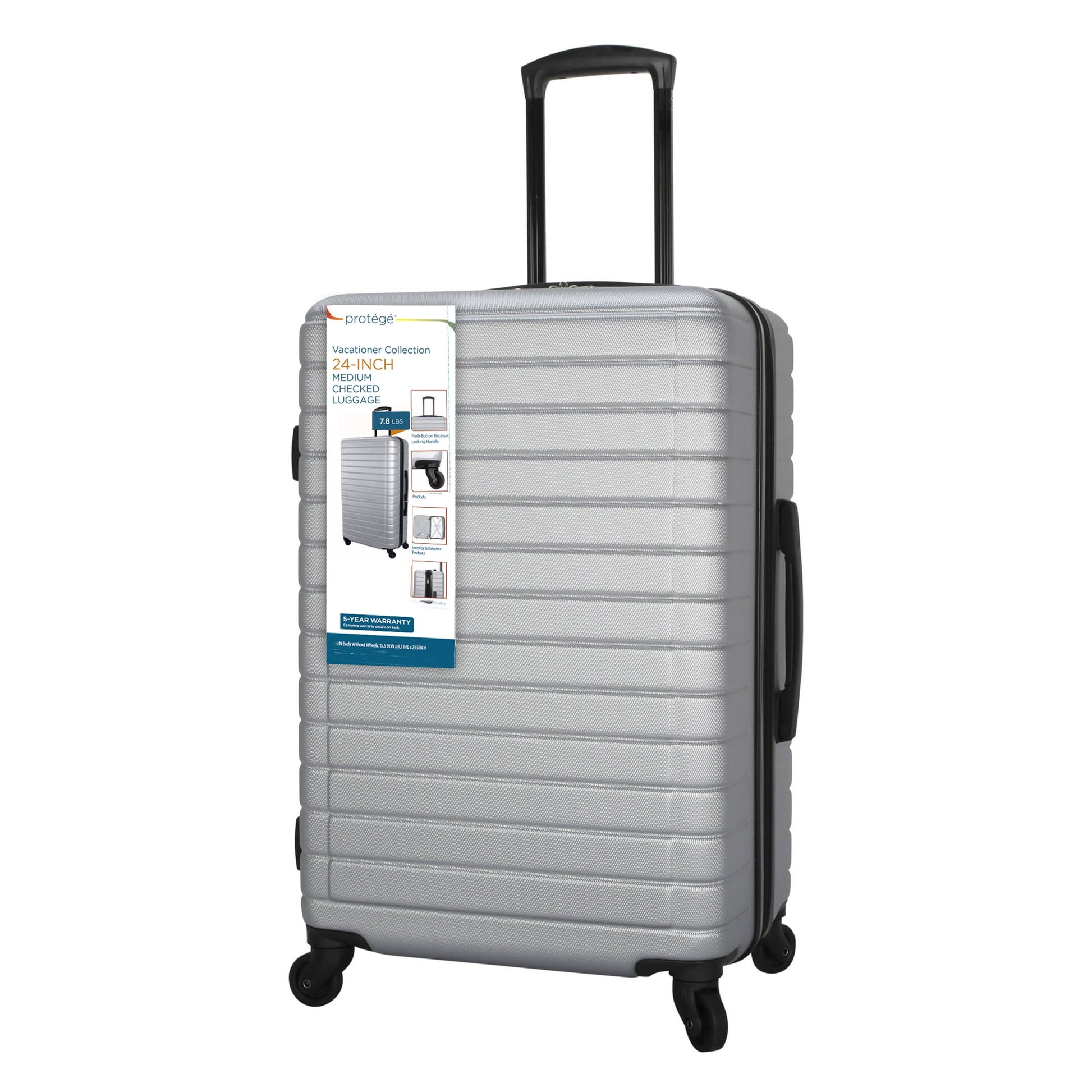 Vacationer 24-Inch Checked Expandable Hardside Luggage with 360-Spinner Wheels and Divider Pockets, Silver