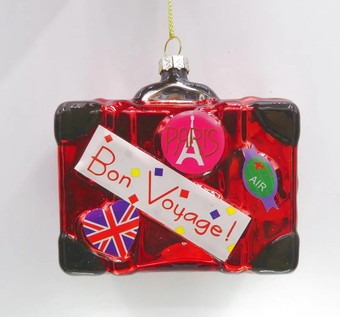 3.25" Shiny Red Bon Voyage Travel Suitcase Glass Christmas Hanging Ornament