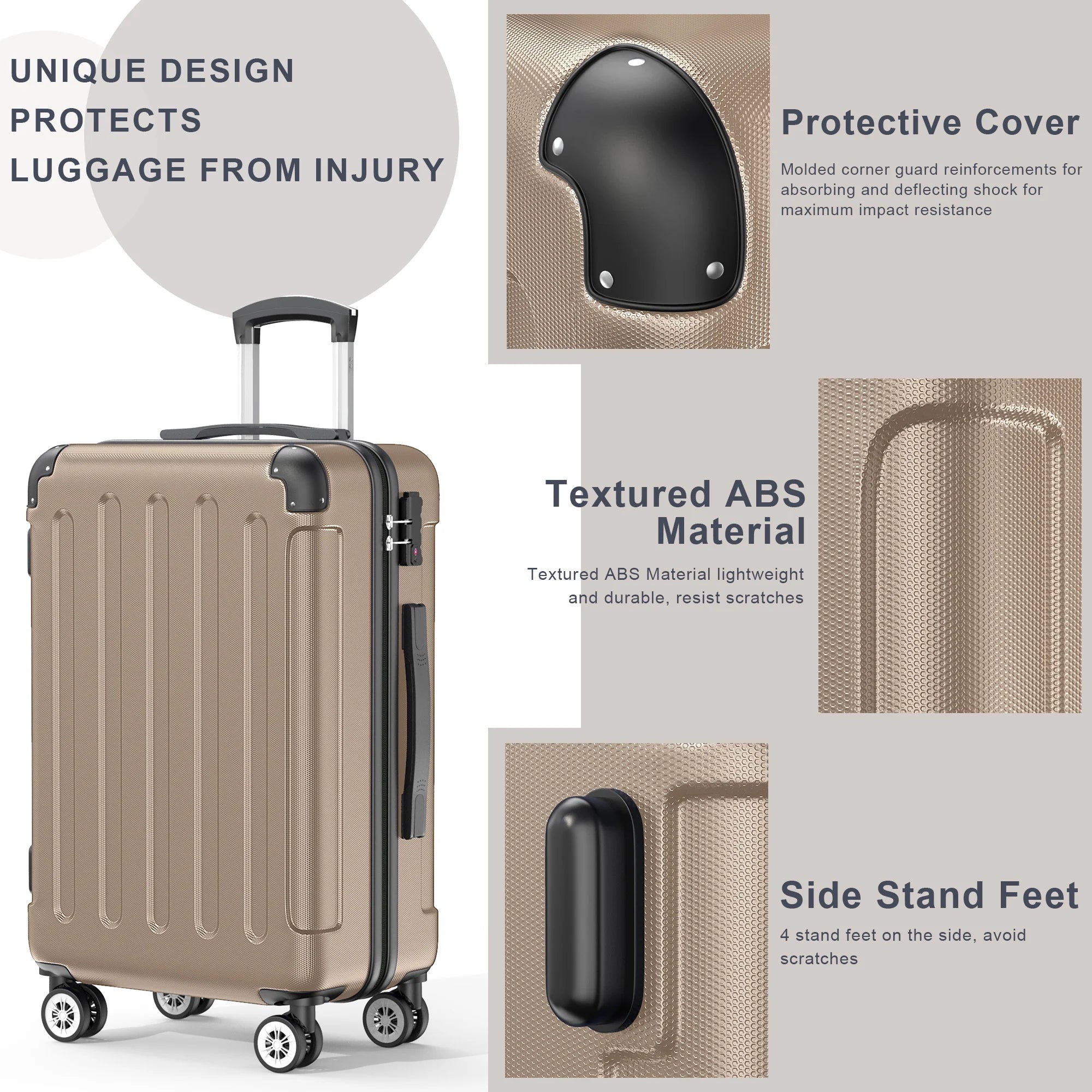 3 Piece Luggage Sets Hardshell Lightweight Suitcase with TSA Lock Spinner Wheels, Champagne