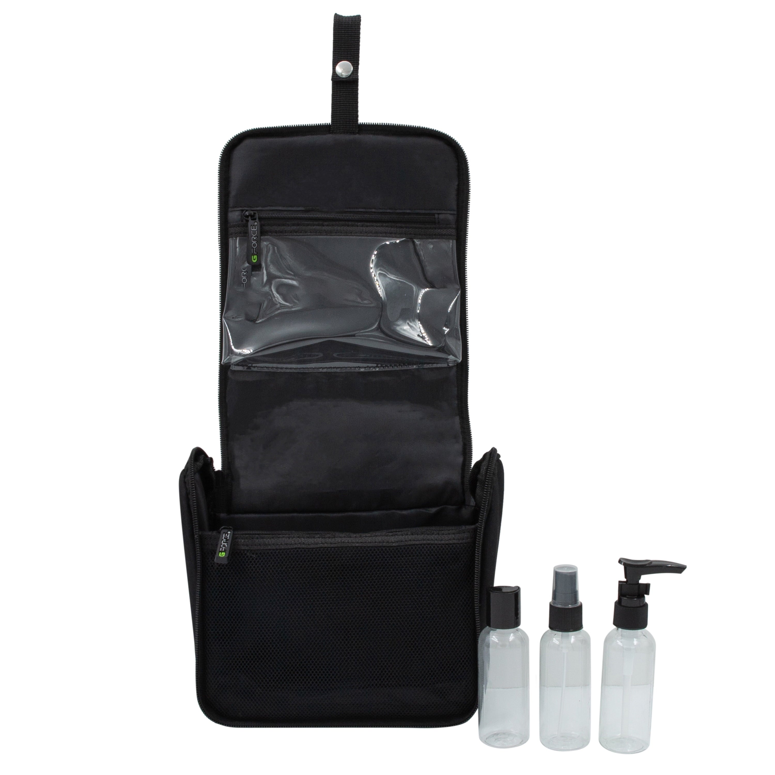 RPET Hanging Toiletry Bag Set with 3 Piece Clear Refillable Travel Bottles, Black