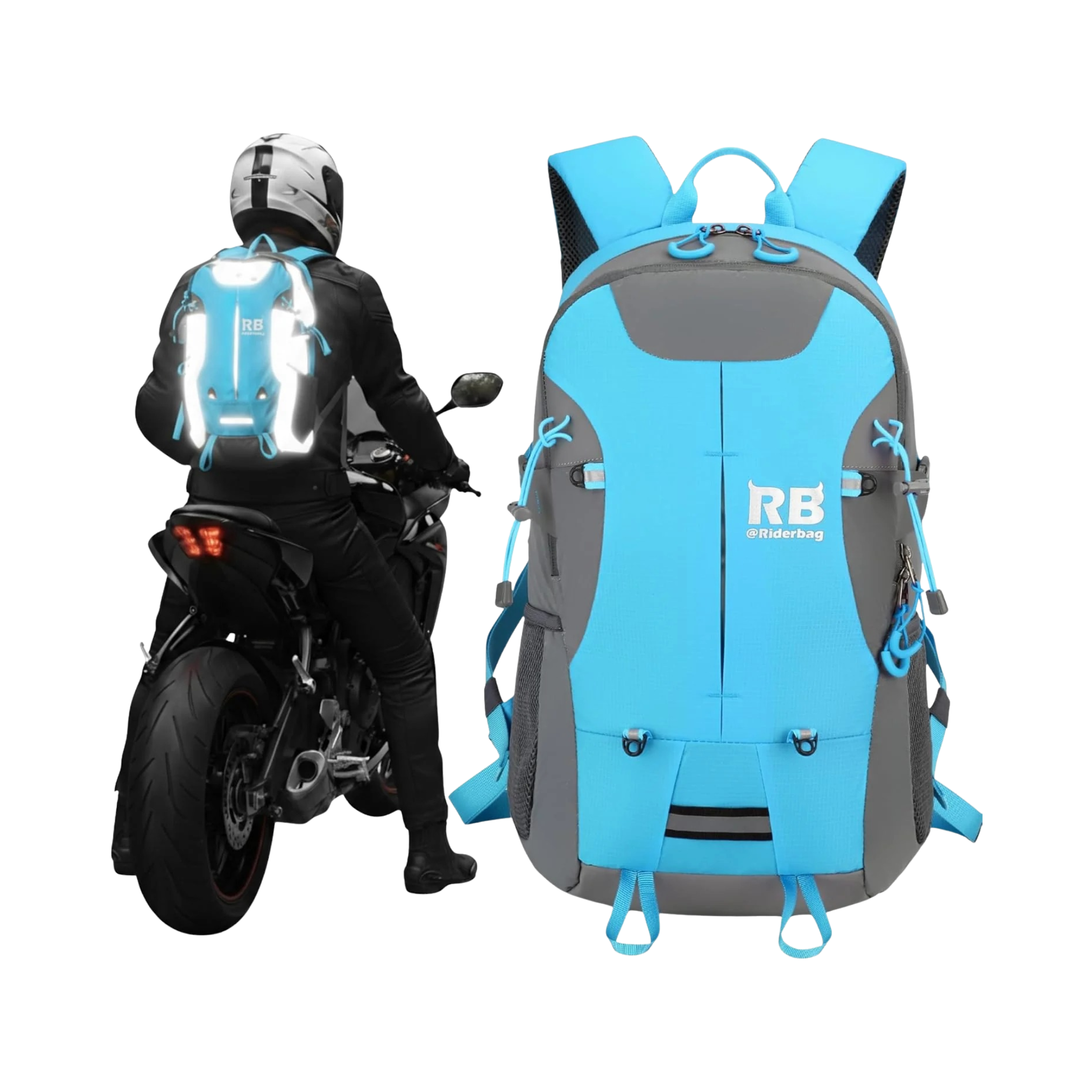 Reflective Motorcycle Backpack – Hi Viz EDC Commuter Bag for Riders, Night Travel, and Daily Use with Helmet Holder, Laptop Compartment, Ventilated Back, Urban Gear (Light Blue Backpack)