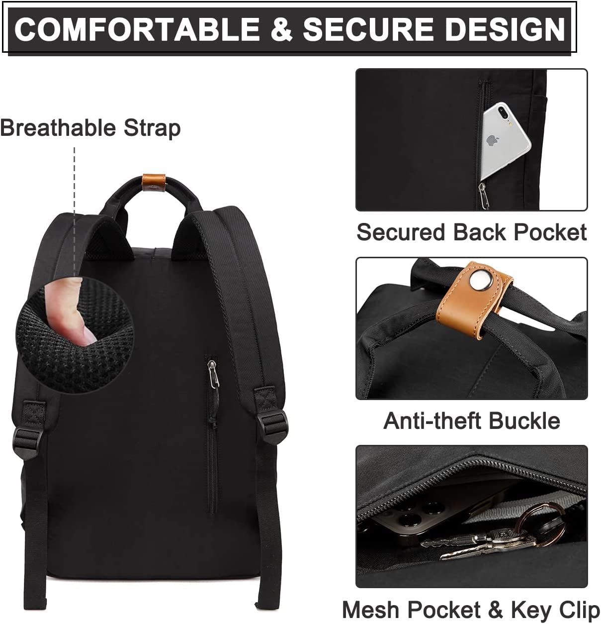 School Backpack for Men and Women, Unisex Vintage Water Resistant Casual Daypack Rucksack Bookbag for College Fits 15Inch Laptop Black