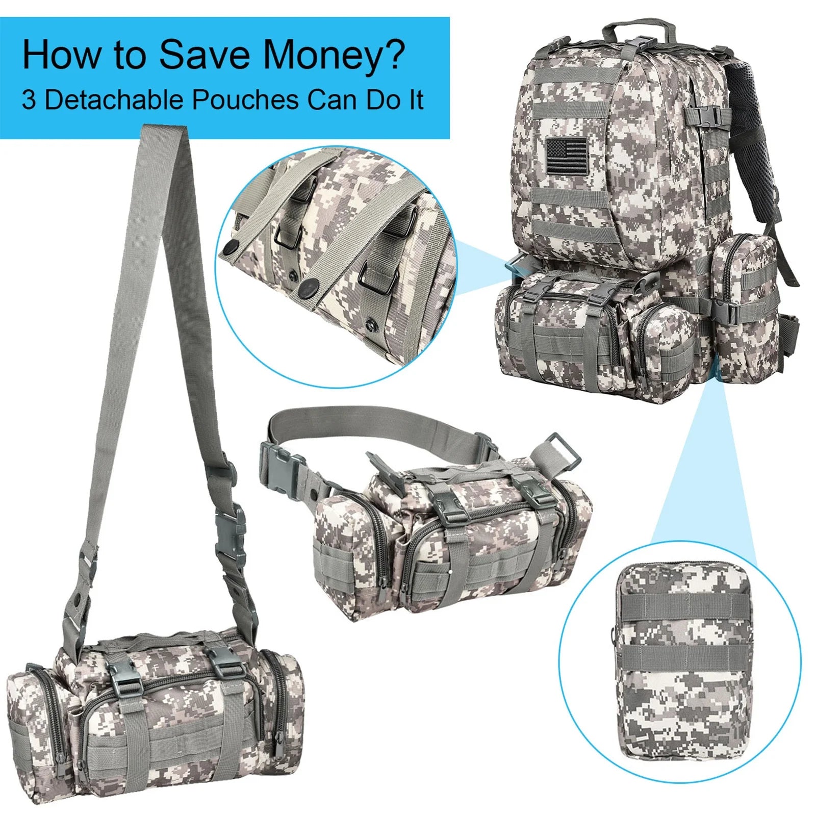 60L Camping Hiking Backpack, Large Multifunction Outdoor Sport Backpack, A*C*U with Patch