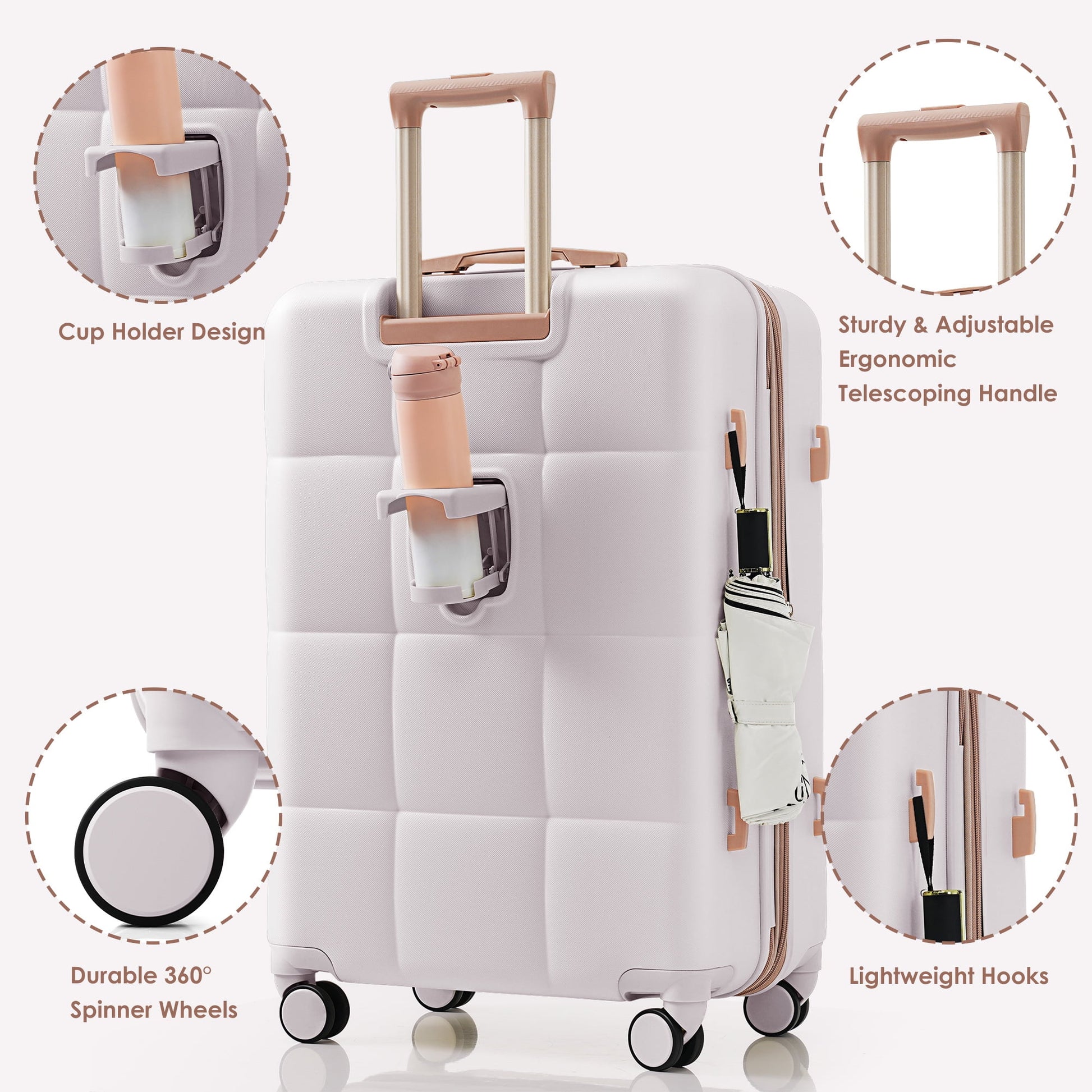 4 Piece Luggage Sets,Abs Hardshell Suitcase Set with USB Port ,Cup Holder,Travel Bag and Spinner Wheels,Expandable Travel Luggage for Men Women(20"/24"/28"),Light Grey