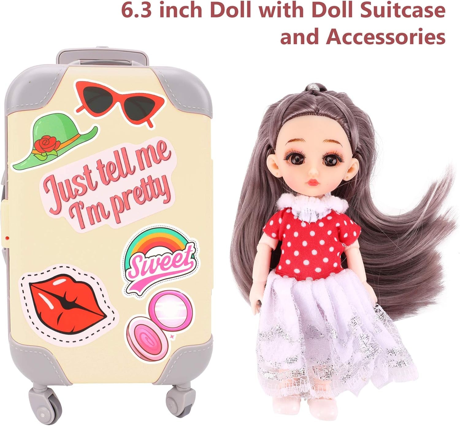 Doll Travel Suitcase, Doll Accessories Set Including Yellow Luggage for 6.3 Inch Doll with Dresses Clothes Shoes Hangers Handbag Camera Etc., Doll Travel Playset for 6.3 Inch Gril Gift Doll
