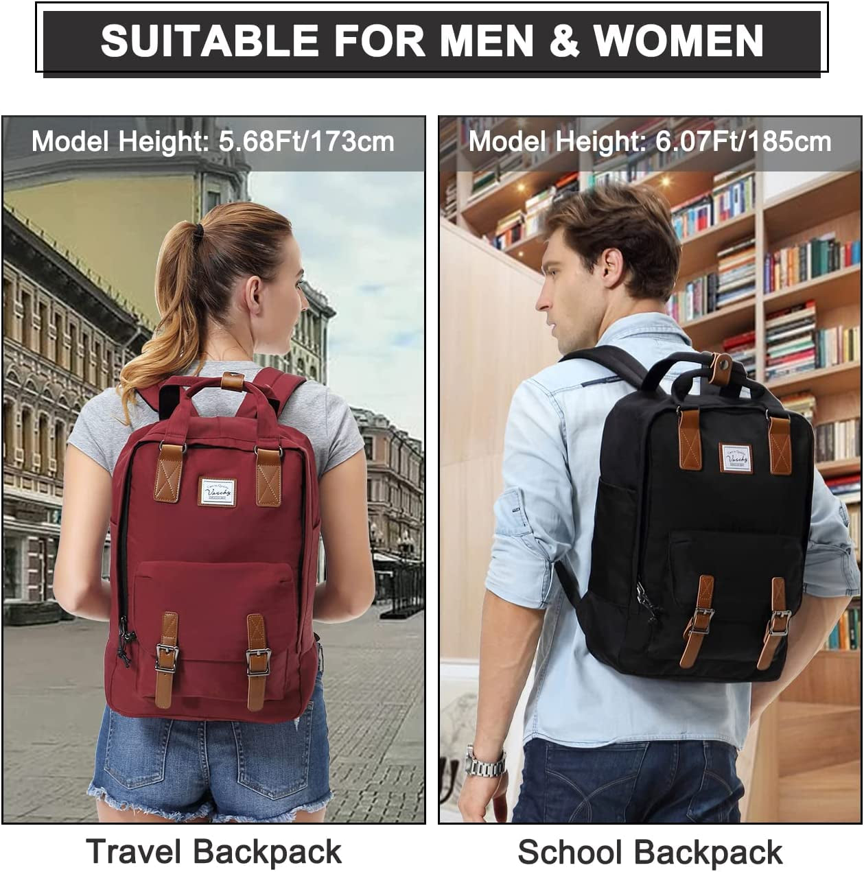 School Backpack for Men and Women, Unisex Vintage Water Resistant Casual Daypack Rucksack Bookbag for College Fits 15Inch Laptop Black
