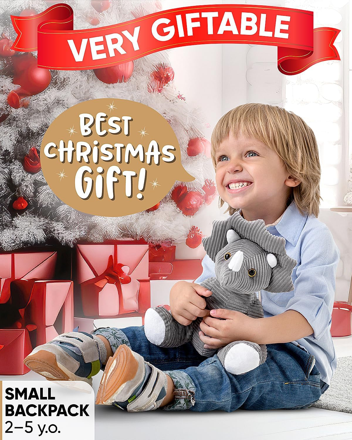 Small Dinosaur Backpack - Triceratops Dinosaur Toys for Kids 3-5 - Toddler Backpack for Boys & Girls - Grey Plush Stuffed Animal