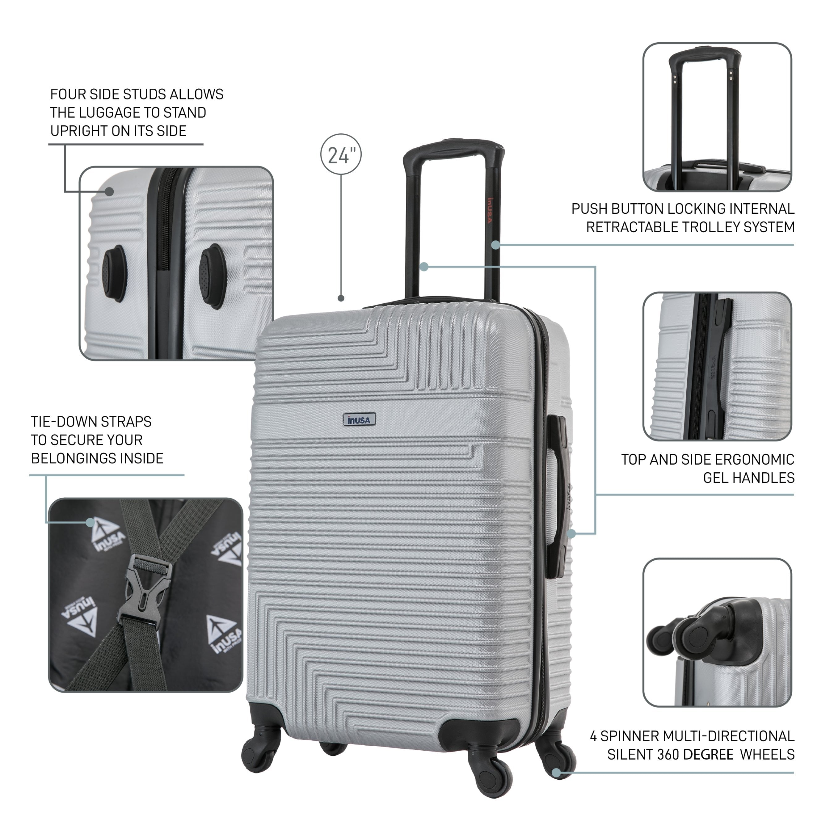 Resilience 24" Hardside Lightweight Luggage with Spinner Wheels, Handle, and Trolley, Silver