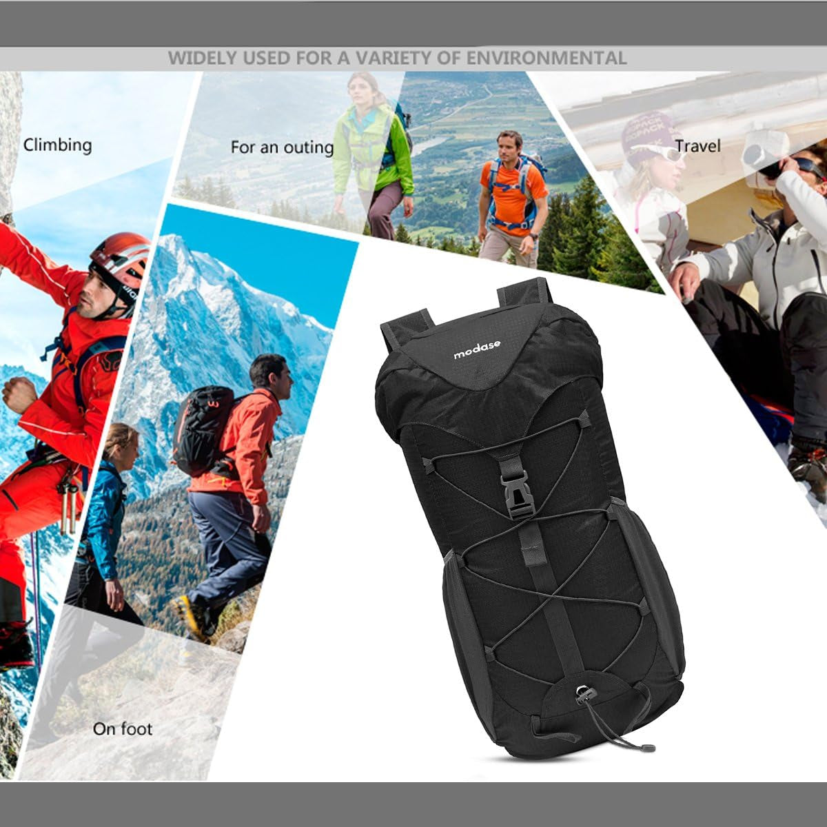 Unisex Black Hiking Daypack, 40L Water Resistant Lightweight Foldable Backpack with Hip Belt