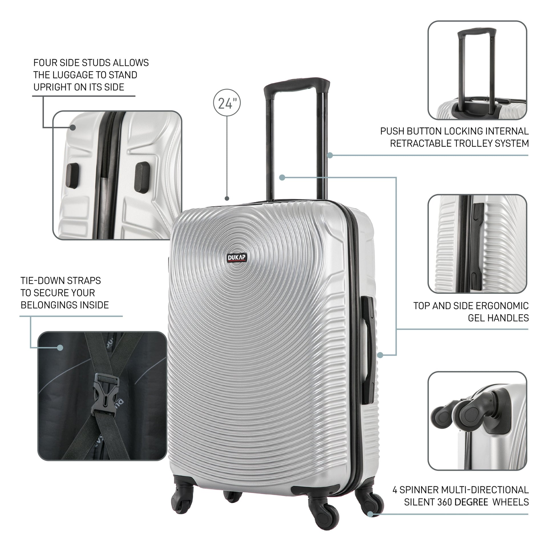 Inception 24" Hardside Lightweight Luggage with Spinner Wheels, Handle and Trolley, Silver