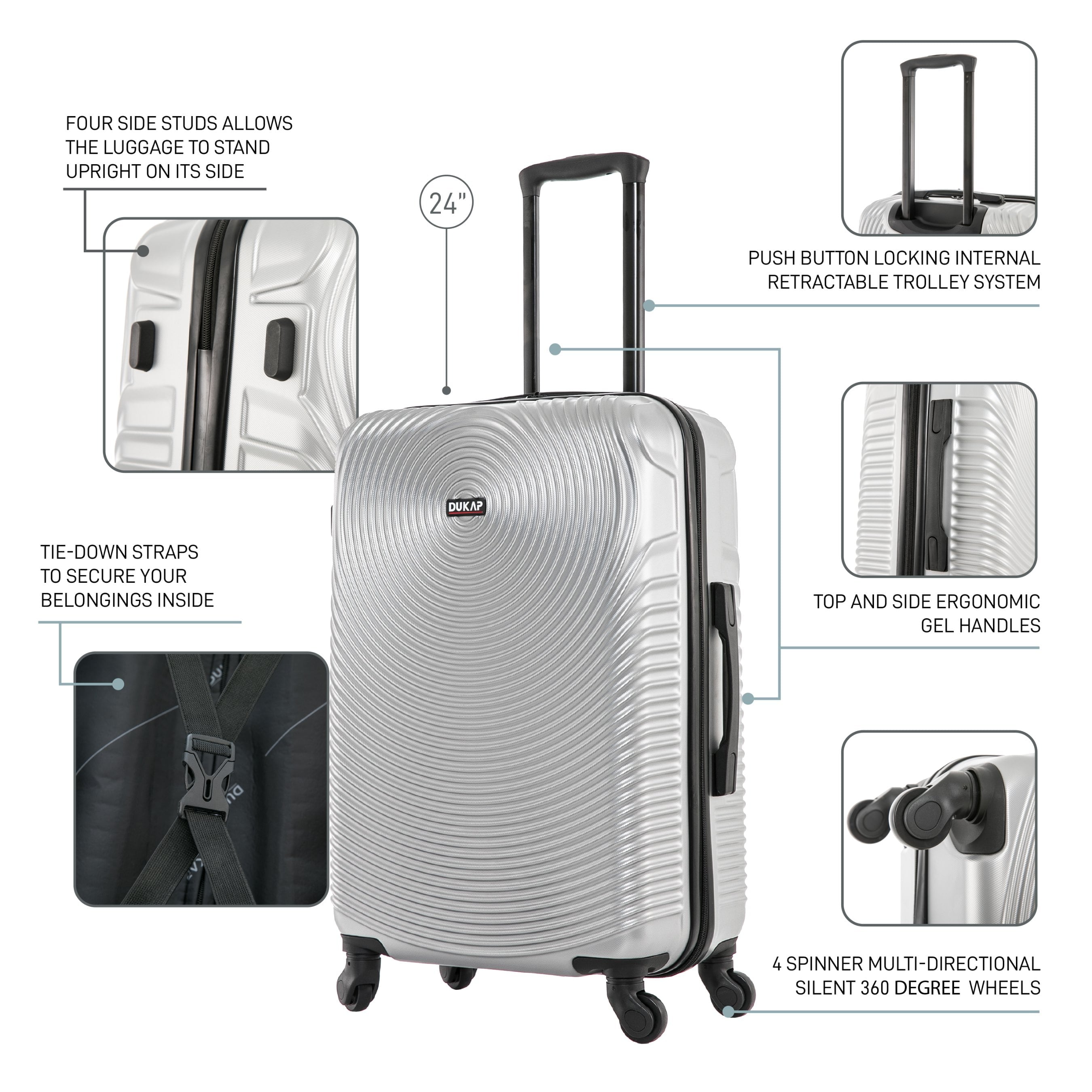 Inception 24" Hardside Lightweight Luggage with Spinner Wheels, Handle and Trolley, Silver