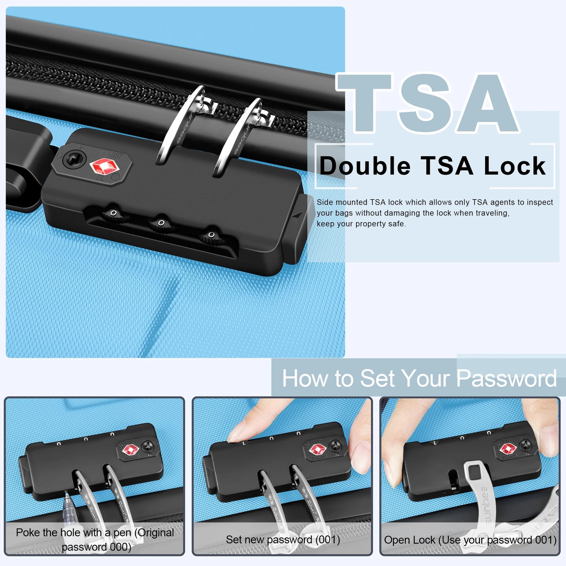 3 Piece Luggage Sets Hardshell Lightweight Suitcase with TSA Lock Spinner Wheels, Light Blue