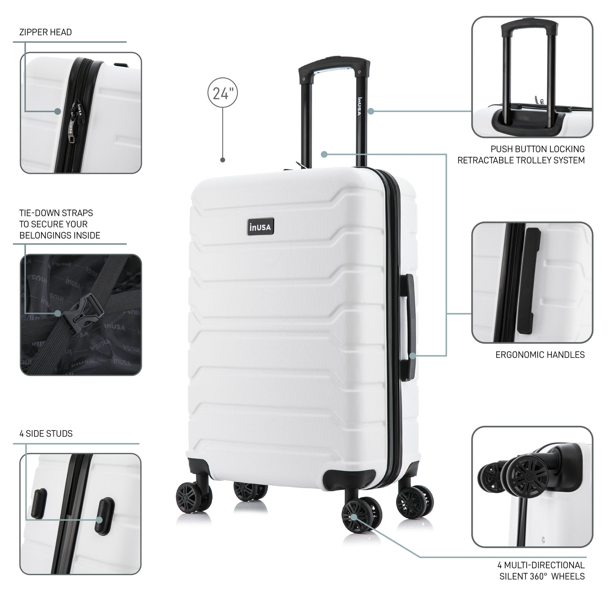 Trend 24" Hardside Lightweight Luggage with Spinner Wheels, Handle, and Trolley, White