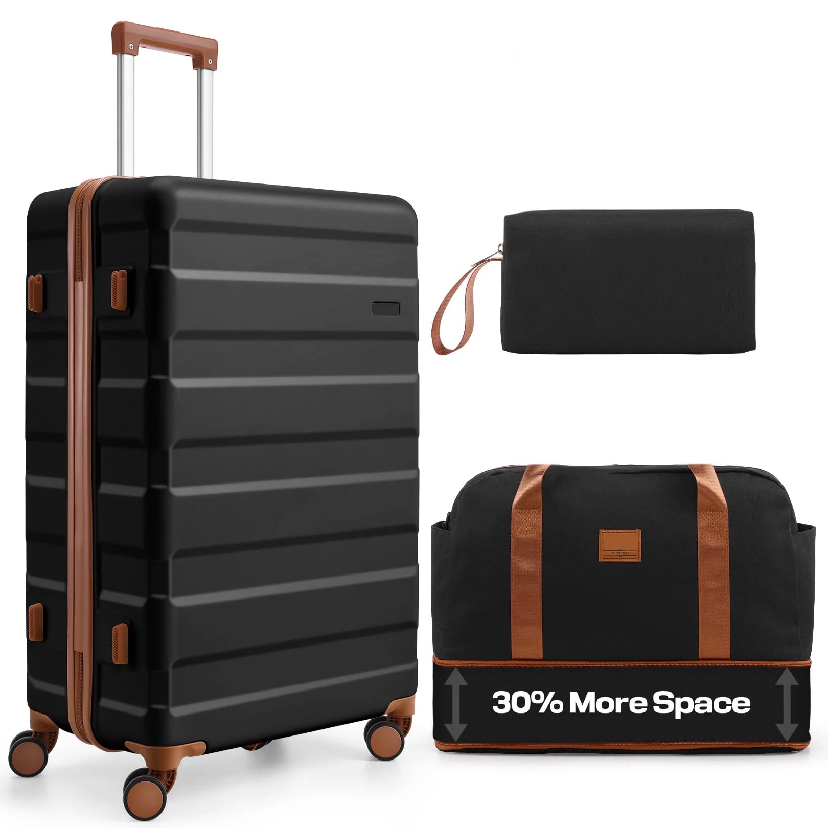 3 Piece Carry on Luggage Set, TSA Lock, Expandable Duffle Bag, Black