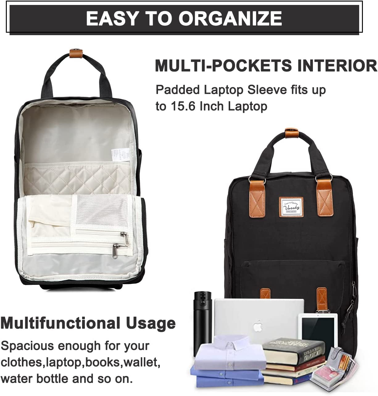 School Backpack for Men and Women, Unisex Vintage Water Resistant Casual Daypack Rucksack Bookbag for College Fits 15Inch Laptop Black