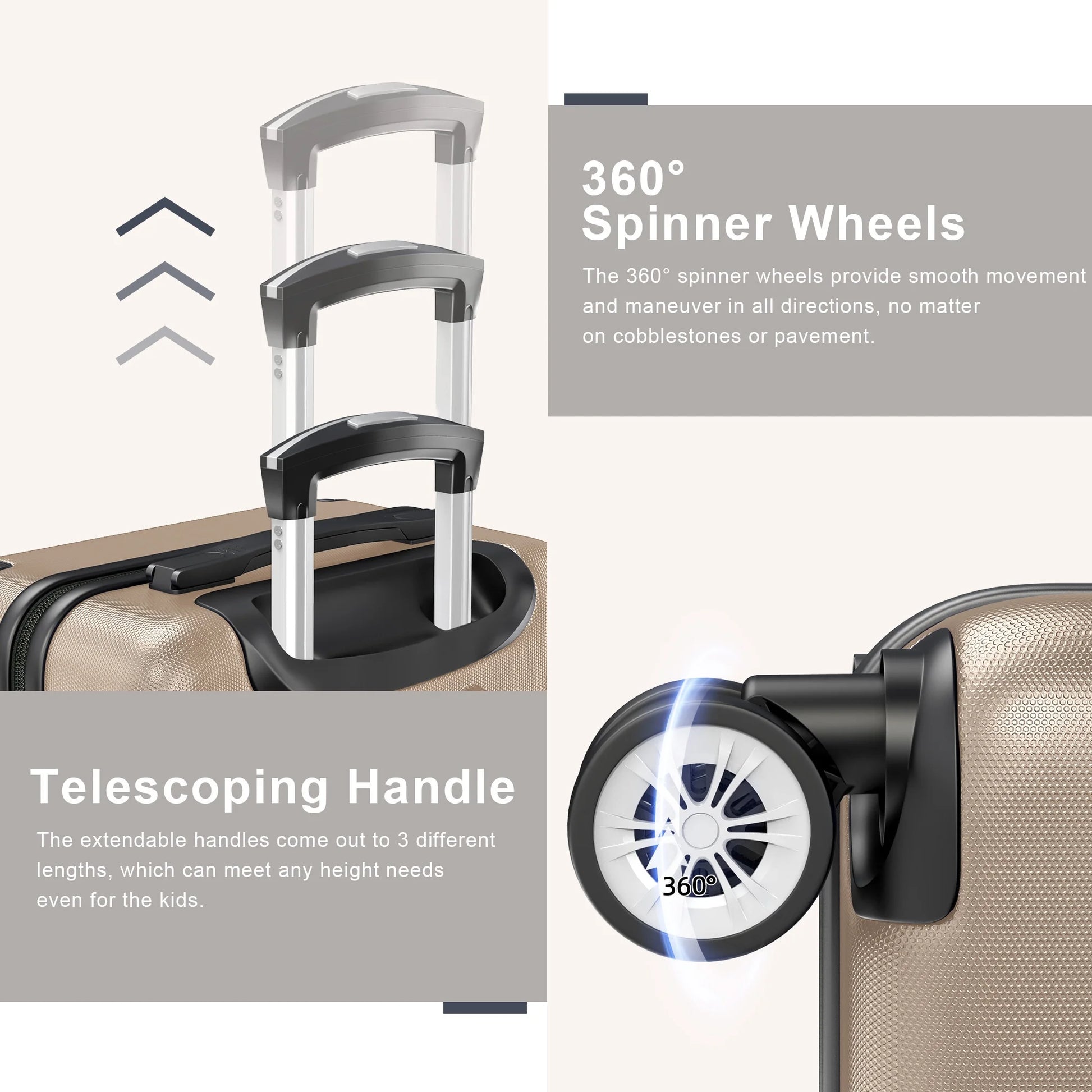 3 Piece Luggage Sets Hardshell Lightweight Suitcase with TSA Lock Spinner Wheels, Champagne