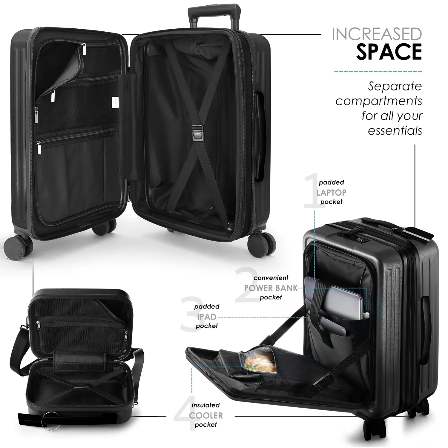22" Hardside Carry on Luggage 22X14X9 Airline Approved and Expandable Luggage, Front Pocket Luggage Set Spinner Suitcase Set, Black