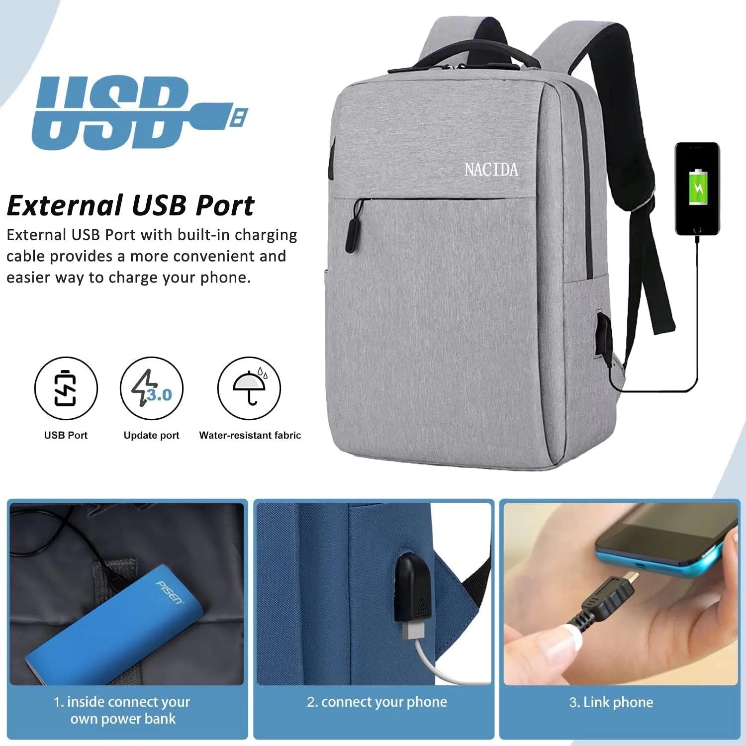 Mens Womens Laptop Backpack 15.6 Inch Travel Backpack Waterproof Computer Backpack Business College Backpack Bookbag, Gray