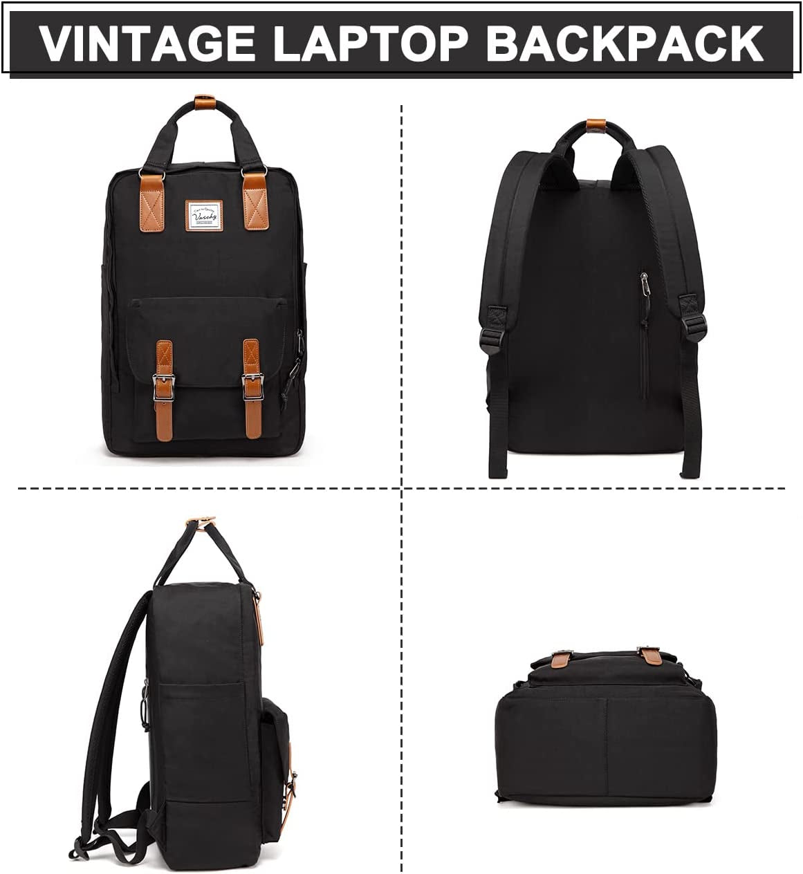 School Backpack for Men and Women, Unisex Vintage Water Resistant Casual Daypack Rucksack Bookbag for College Fits 15Inch Laptop Black