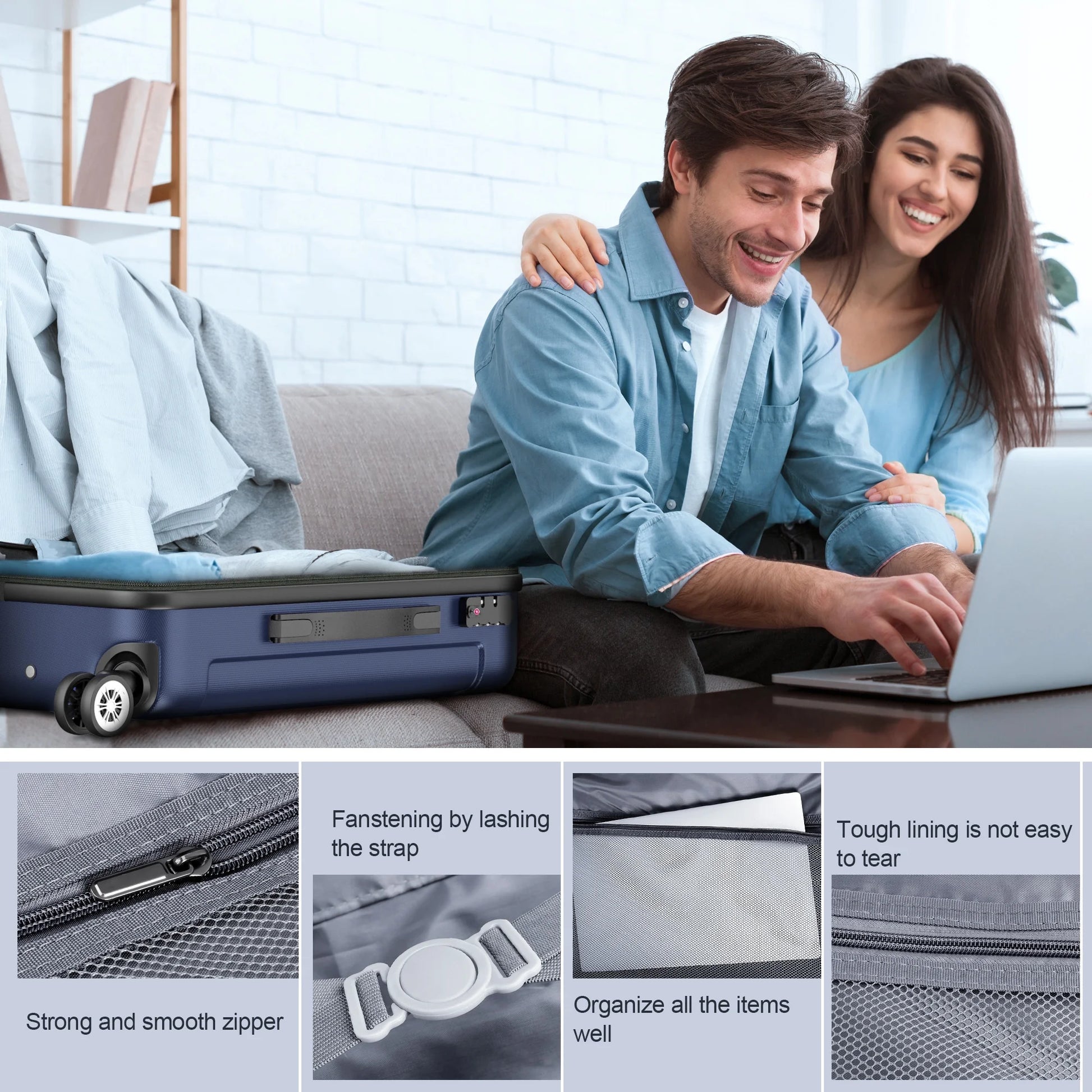 3 Piece Luggage Sets Hardshell Lightweight Suitcase with TSA Lock Spinner Wheels, Deep Blue