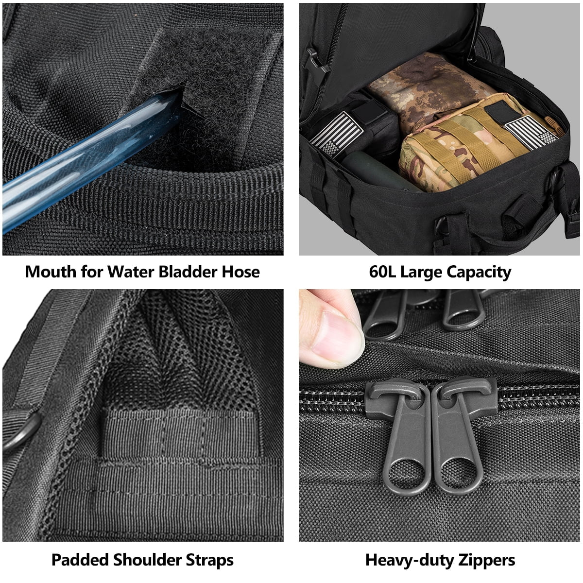 60L Camping Hiking Backpack, Large Multifunction Outdoor Sport Backpack, Black with Patch