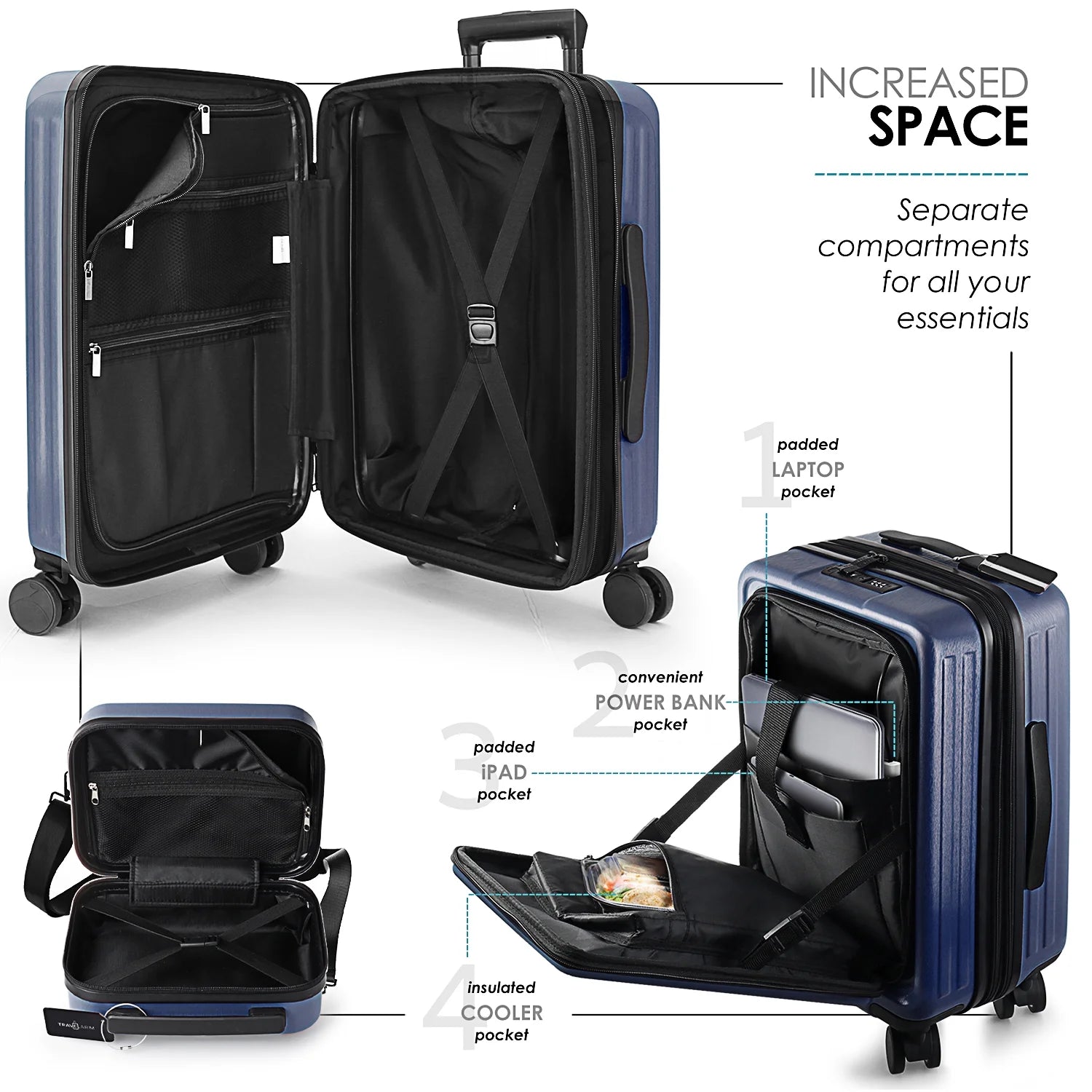 4 Piece Hardshell Exapandable Luggage Set, Spinner Luggage Suitcase Set, Navy Blue