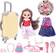 Doll Travel Suitcase, Doll Accessories Set Including Yellow Luggage for 6.3 Inch Doll with Dresses Clothes Shoes Hangers Handbag Camera Etc., Doll Travel Playset for 6.3 Inch Gril Gift Doll