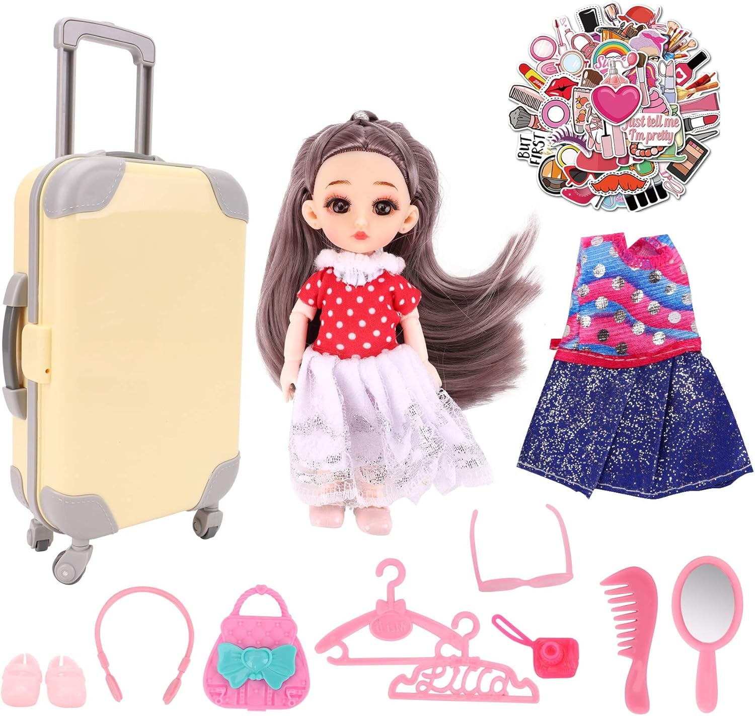 Doll Travel Suitcase, Doll Accessories Set Including Yellow Luggage for 6.3 Inch Doll with Dresses Clothes Shoes Hangers Handbag Camera Etc., Doll Travel Playset for 6.3 Inch Gril Gift Doll