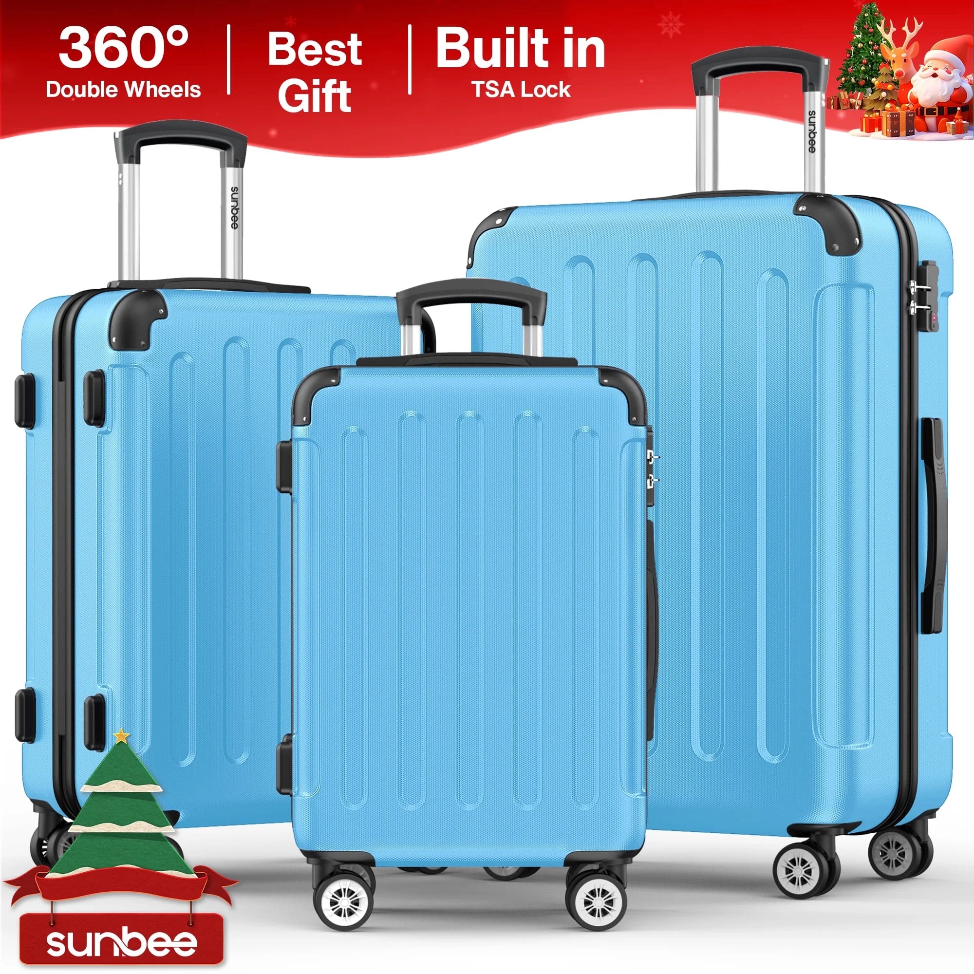3 Piece Luggage Sets Hardshell Lightweight Suitcase with TSA Lock Spinner Wheels, Light Blue