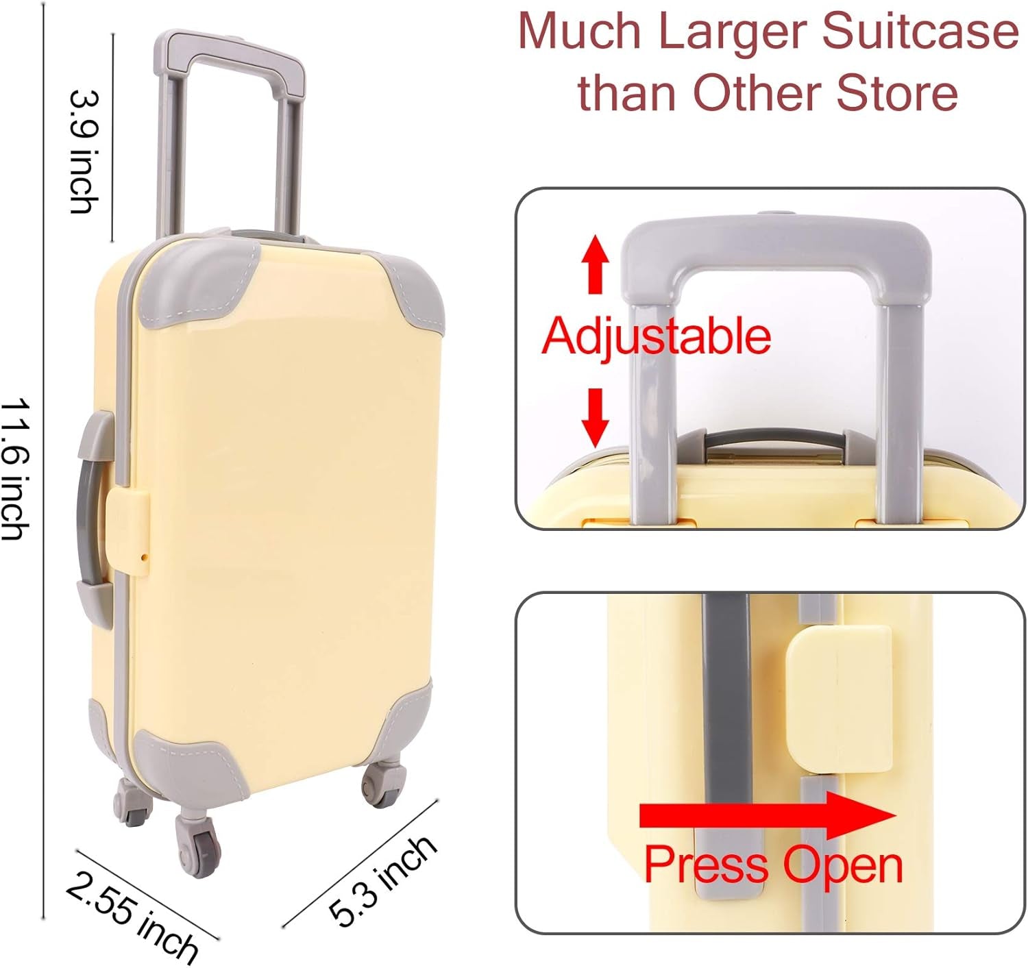 Doll Travel Suitcase, Doll Accessories Set Including Yellow Luggage for 6.3 Inch Doll with Dresses Clothes Shoes Hangers Handbag Camera Etc., Doll Travel Playset for 6.3 Inch Gril Gift Doll