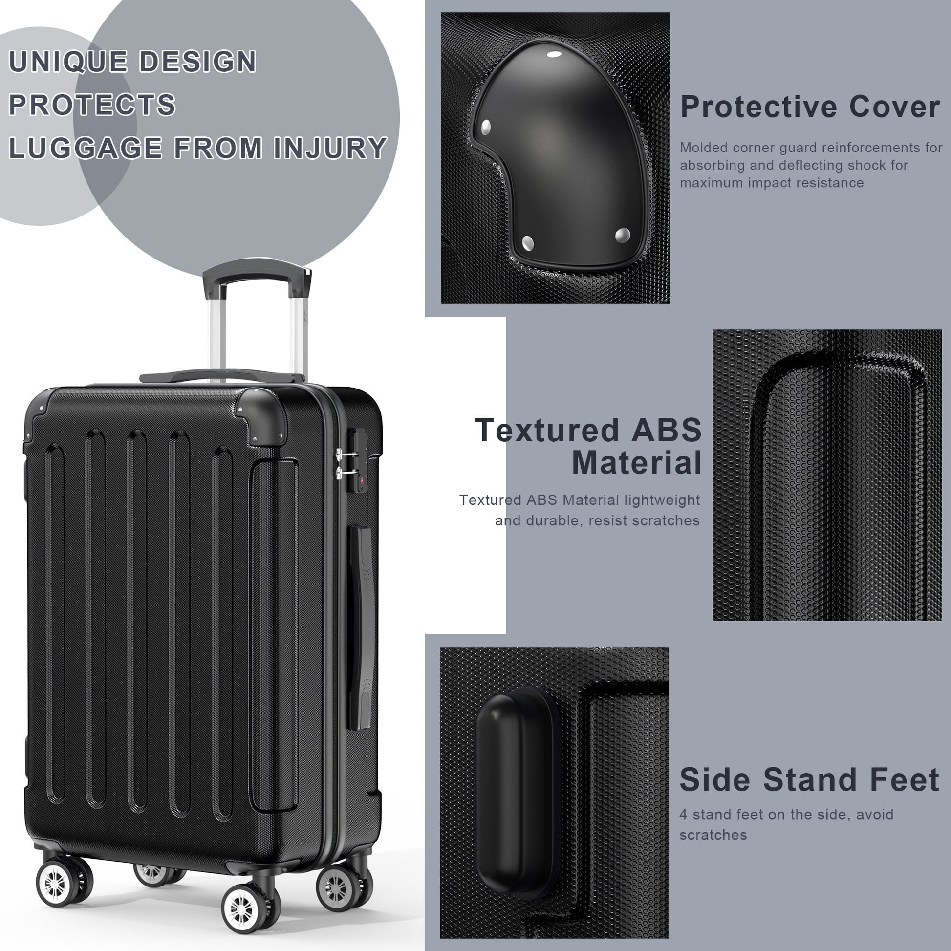 3 Piece Luggage Sets Hardshell Lightweight Suitcase with TSA Lock Spinner Wheels, Black