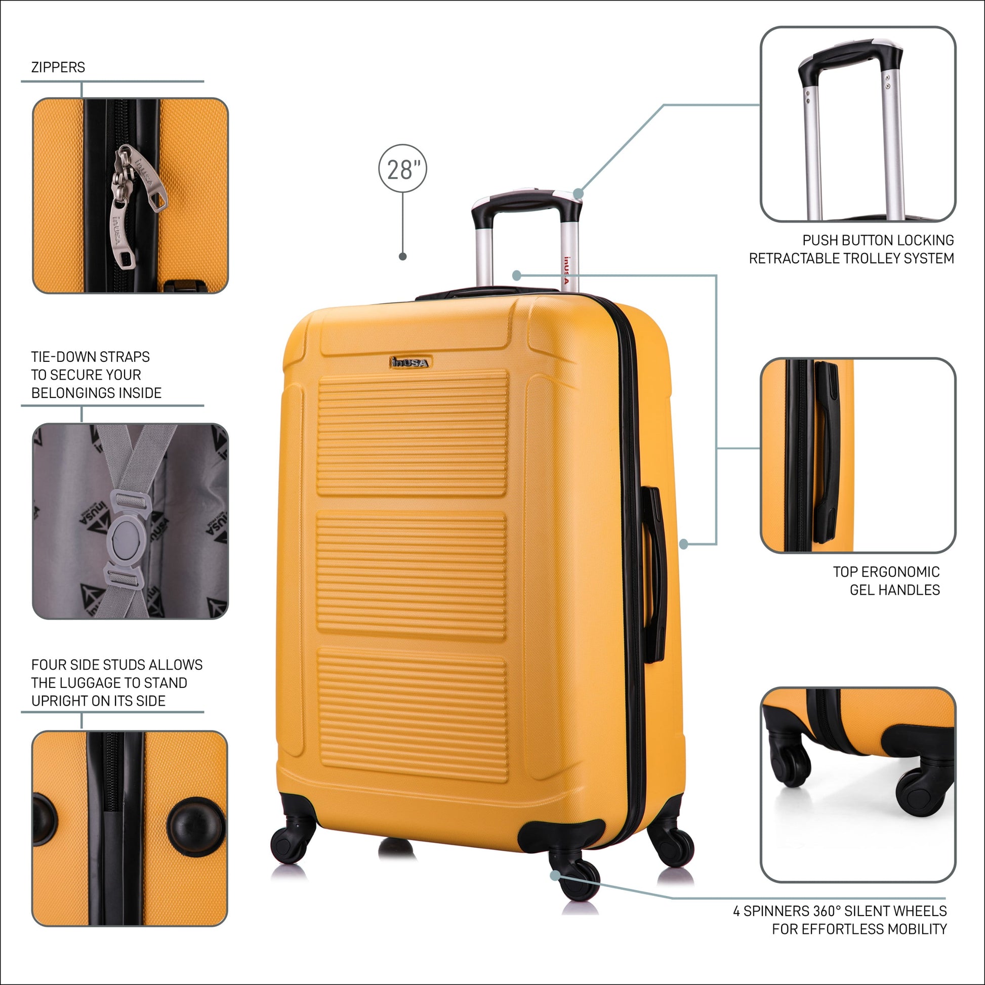 Pilot 28" Hardside Lightweight Luggage with Spinner Wheels, Handle, and Trolley, Mustard