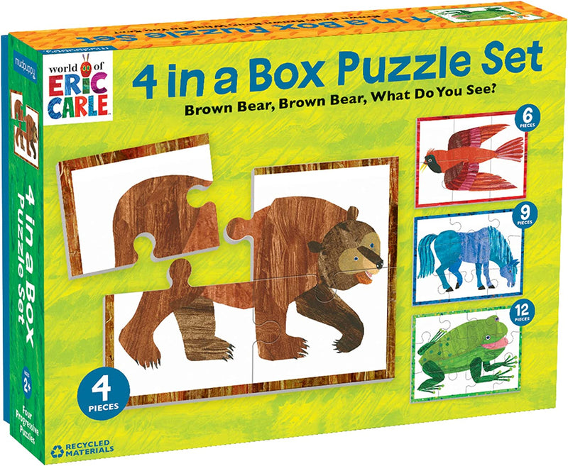 World of Eric Carle Brown Bear 4-In-A-Box Puzzles, Ages 2-5, Each Measures 6”X8 - Chunky Puzzles with 4, 6, 9 and 12 Pieces Featuring Popular Animals - Difficulty Level Grows with Child