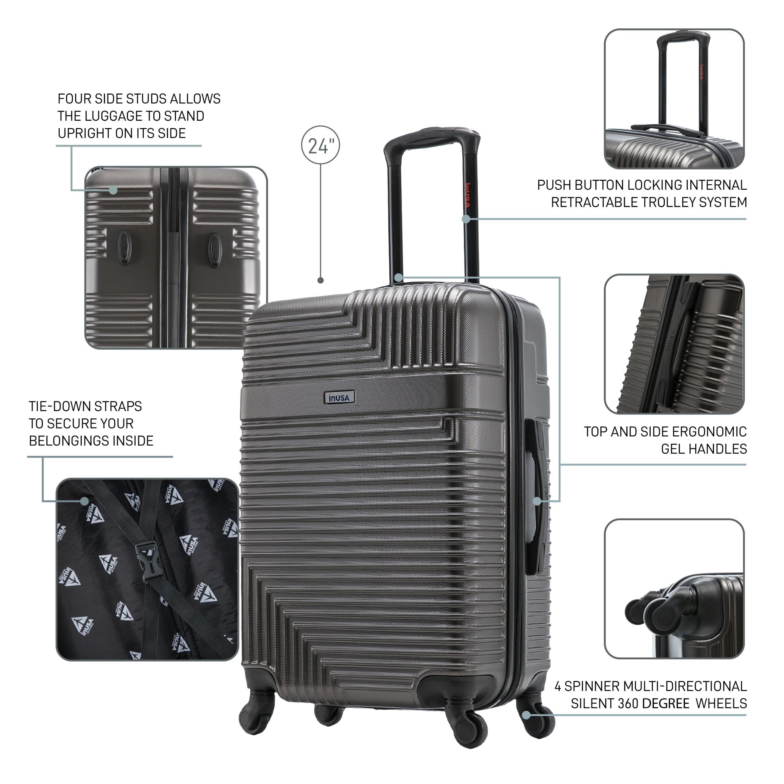 Resilience 24" Hardside Lightweight Luggage with Spinner Wheels, Handle, and Trolley, Charcoal