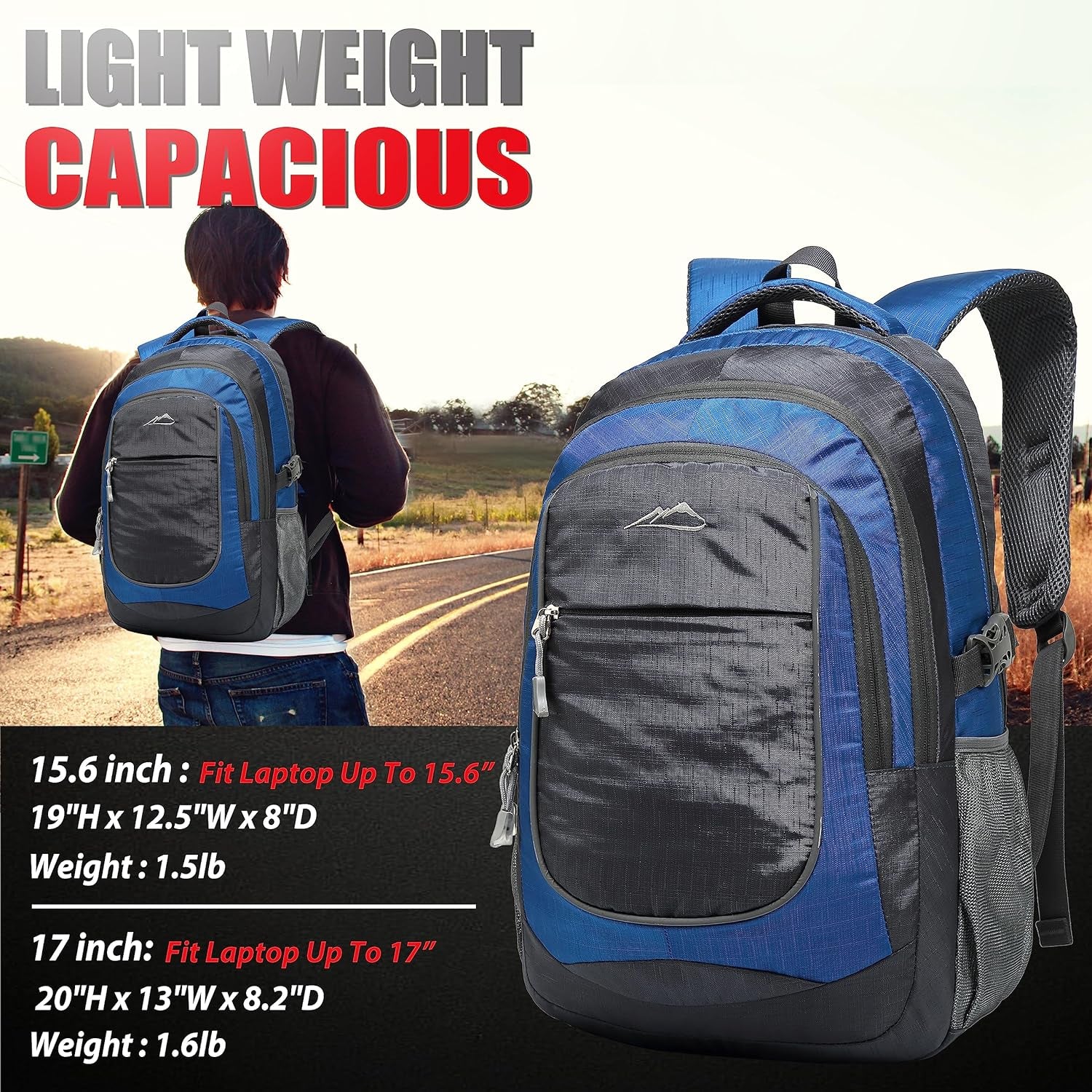 Backpack Bookbag for College Sturdy Travel Business Hiking Fit Laptop up to 15.6 Inch Multi Compartment Gifts for Men Women Night Light Reflective (Blue)