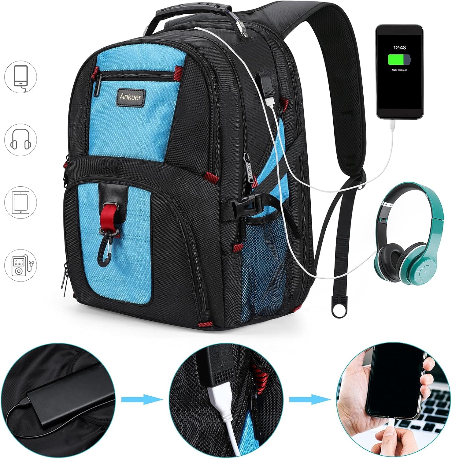 Extra Large Travel Backpack for Men Women: 17 in Laptop Backpacks for School, anti Theft TSA Travel Bag with USB Charging Port, Business Computer Bag (Blue)