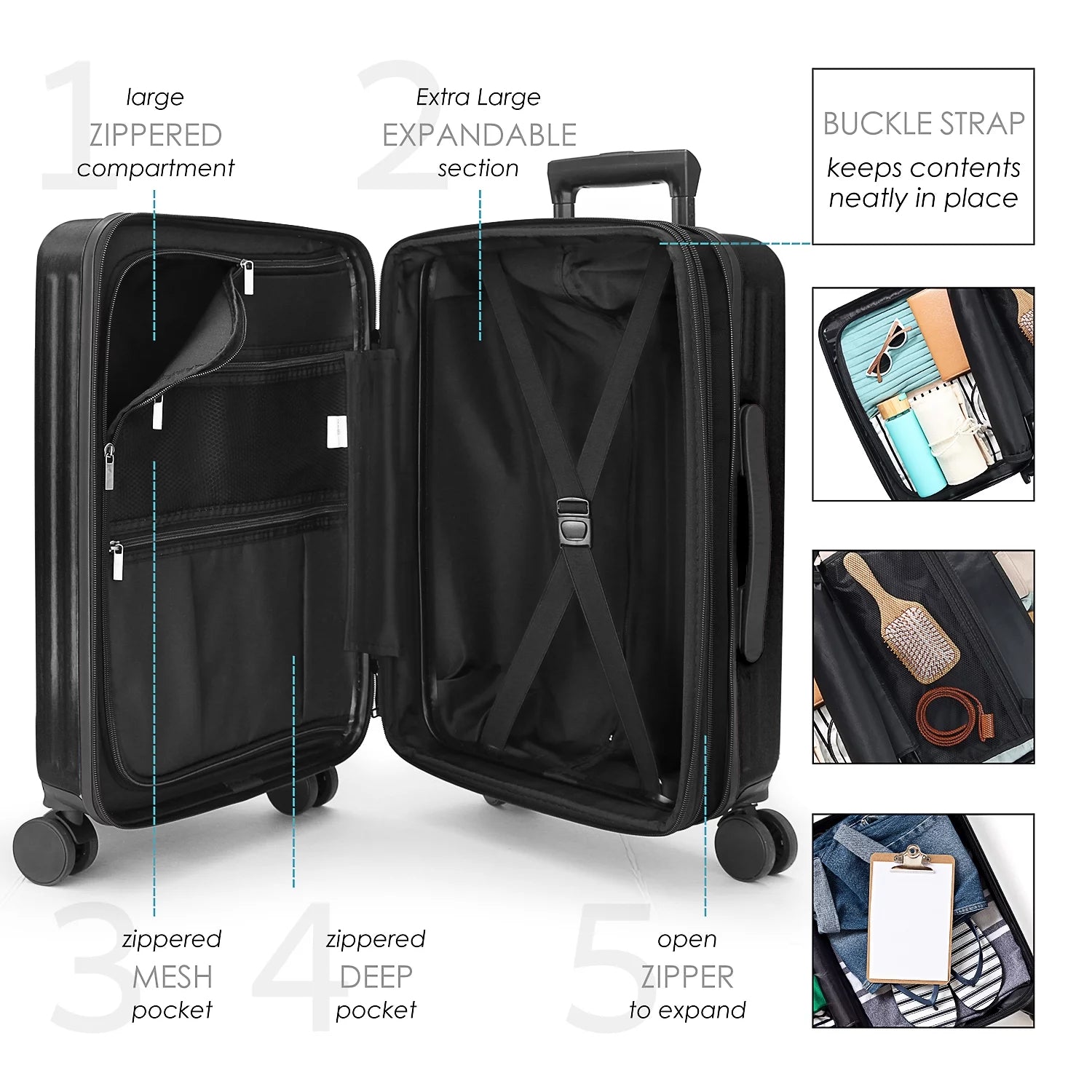 22" Hardside Carry on Luggage 22X14X9 Airline Approved and Expandable Luggage, Front Pocket Luggage Set Spinner Suitcase Set, Black