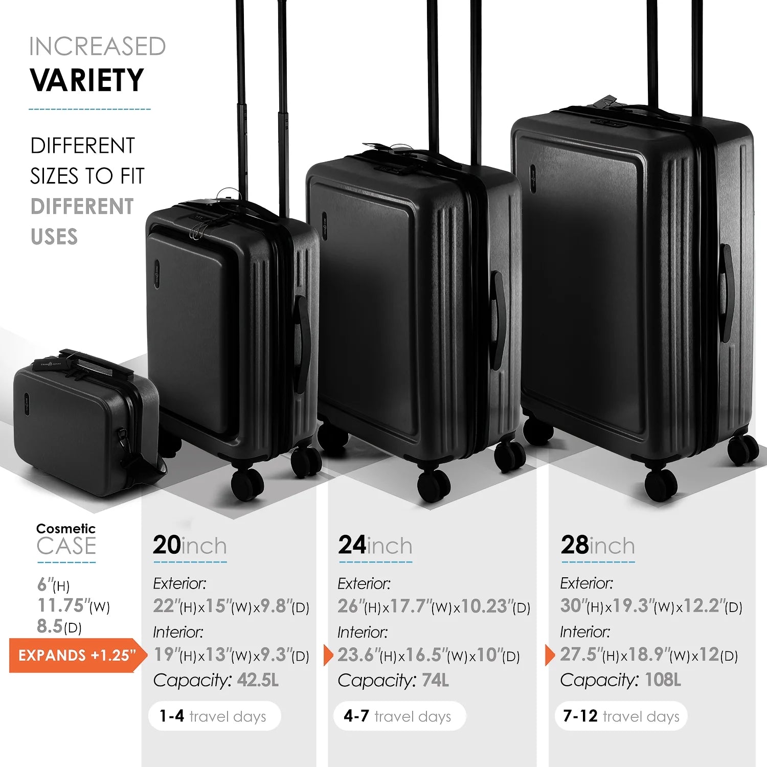 4 Piece Hardshell Exapandable Luggage Set, Spinner Luggage Suitcase Set, Black