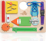 Montessori Busy Board for Toddlers, Premium Wooden Toddler Busy Board for 1 2 3 Year Old with 10 Educational Activities for Fine Motor Skills, Sensory Activity Toy for Travel, Gift for Boys & Girls