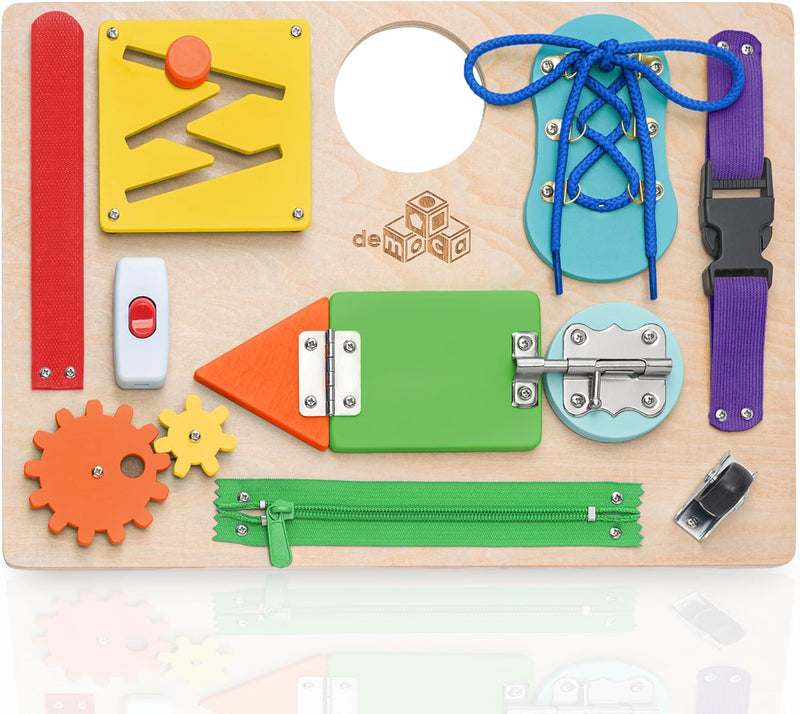 Montessori Busy Board for Toddlers, Premium Wooden Toddler Busy Board for 1 2 3 Year Old with 10 Educational Activities for Fine Motor Skills, Sensory Activity Toy for Travel, Gift for Boys & Girls