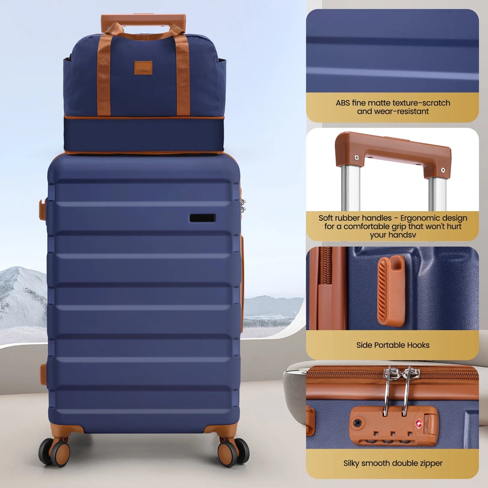 3 Piece Carry on Luggage Set, TSA Lock, Expandable Duffle Bag, Blue