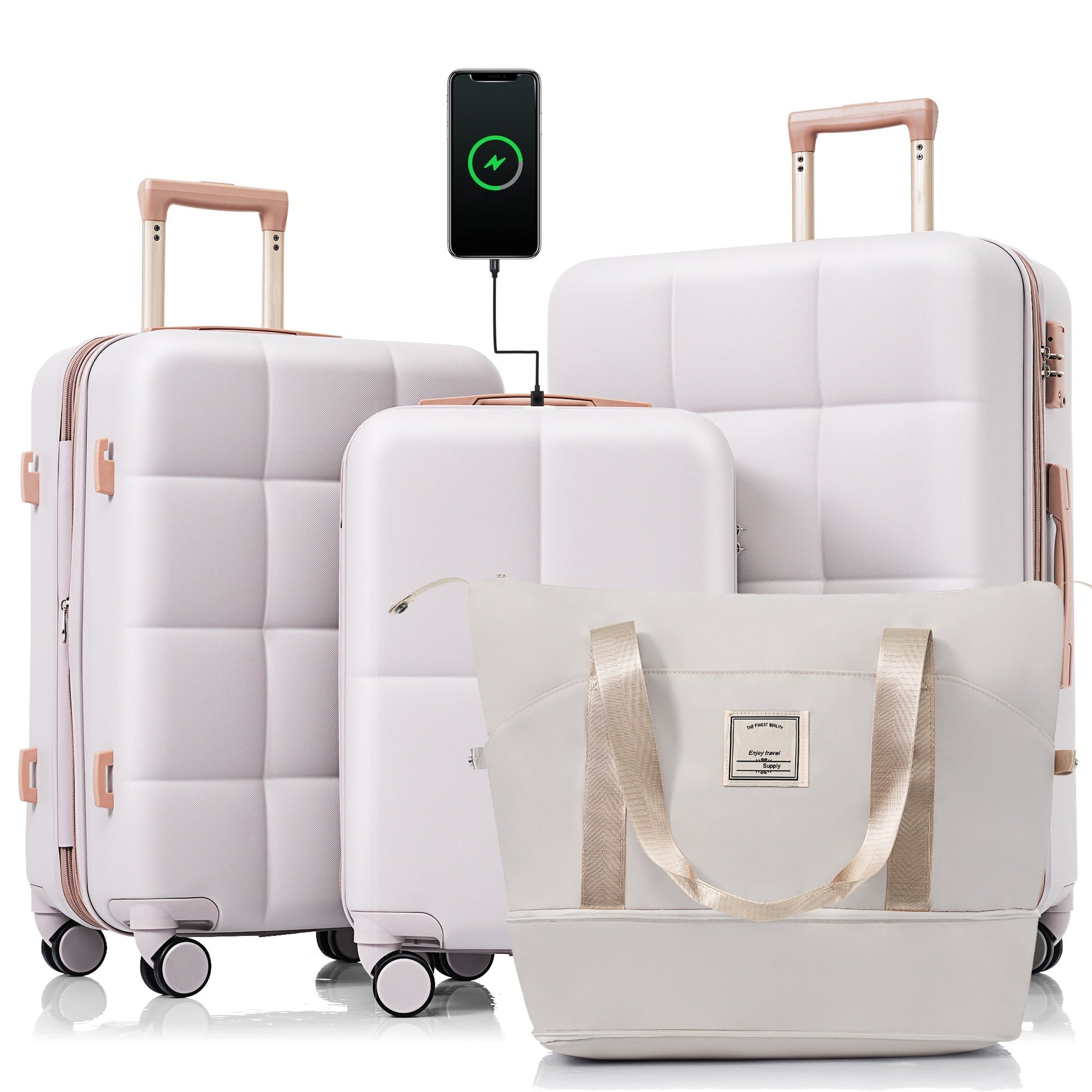 4 Piece Luggage Sets,Abs Hardshell Suitcase Set with USB Port ,Cup Holder,Travel Bag and Spinner Wheels,Expandable Travel Luggage for Men Women(20"/24"/28"),Light Grey