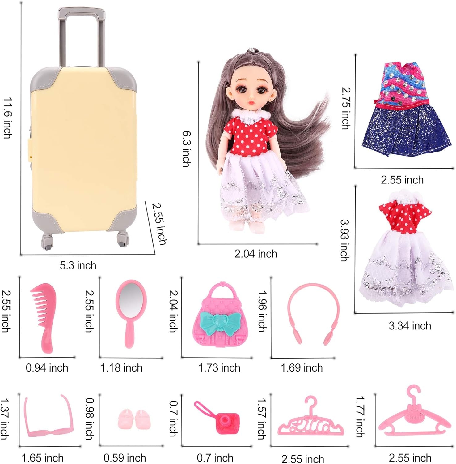 Doll Travel Suitcase, Doll Accessories Set Including Yellow Luggage for 6.3 Inch Doll with Dresses Clothes Shoes Hangers Handbag Camera Etc., Doll Travel Playset for 6.3 Inch Gril Gift Doll