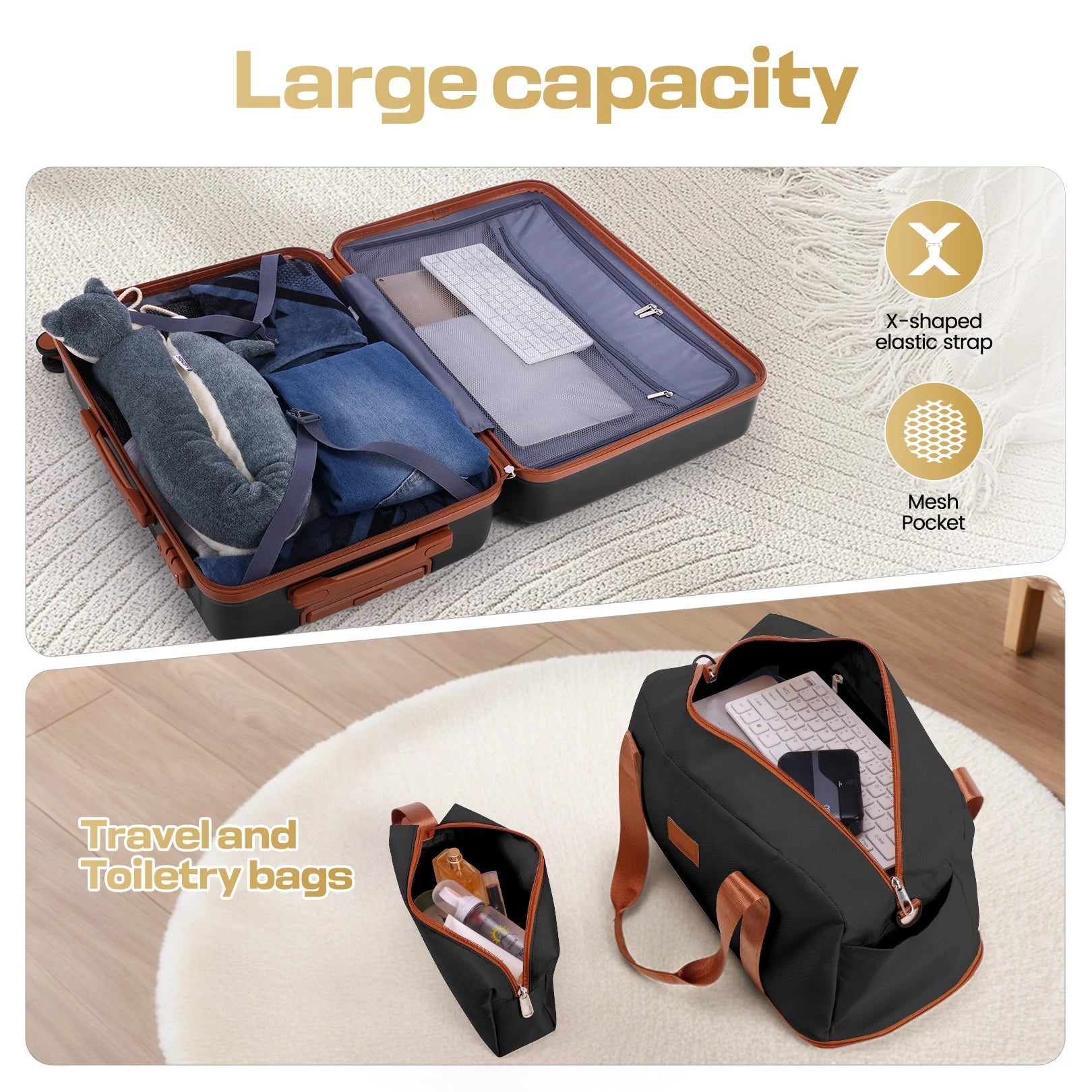 3 Piece Carry on Luggage Set, TSA Lock, Expandable Duffle Bag, Black