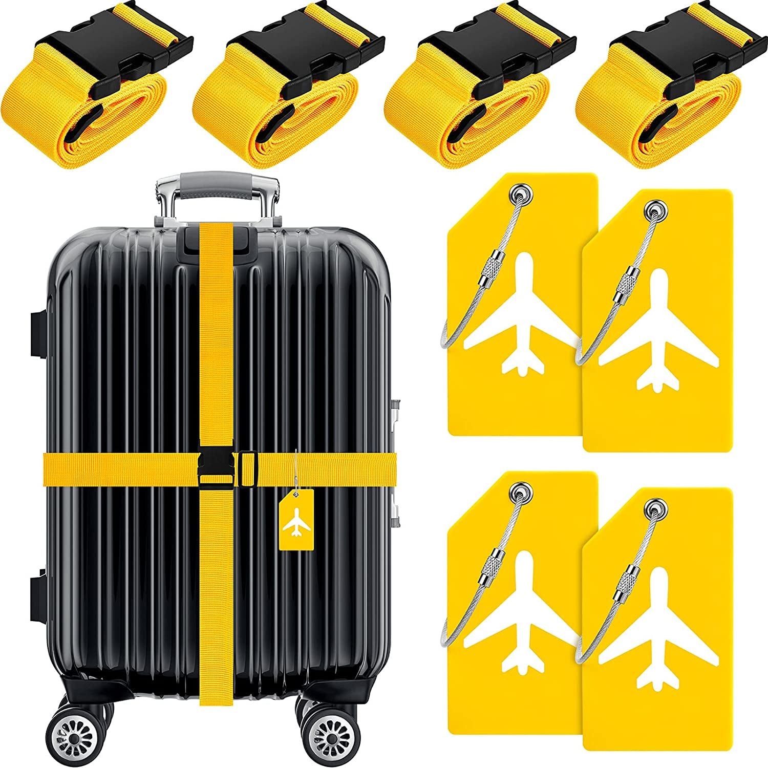 8 Pcs Luggage Straps Suitcase Tags Set for TSA Approved, 4 Travel Adjustable Suitcase Belt, 4 Silicone Luggage Tags with Name ID Card Travel Accessories(Yellow,Airplane)